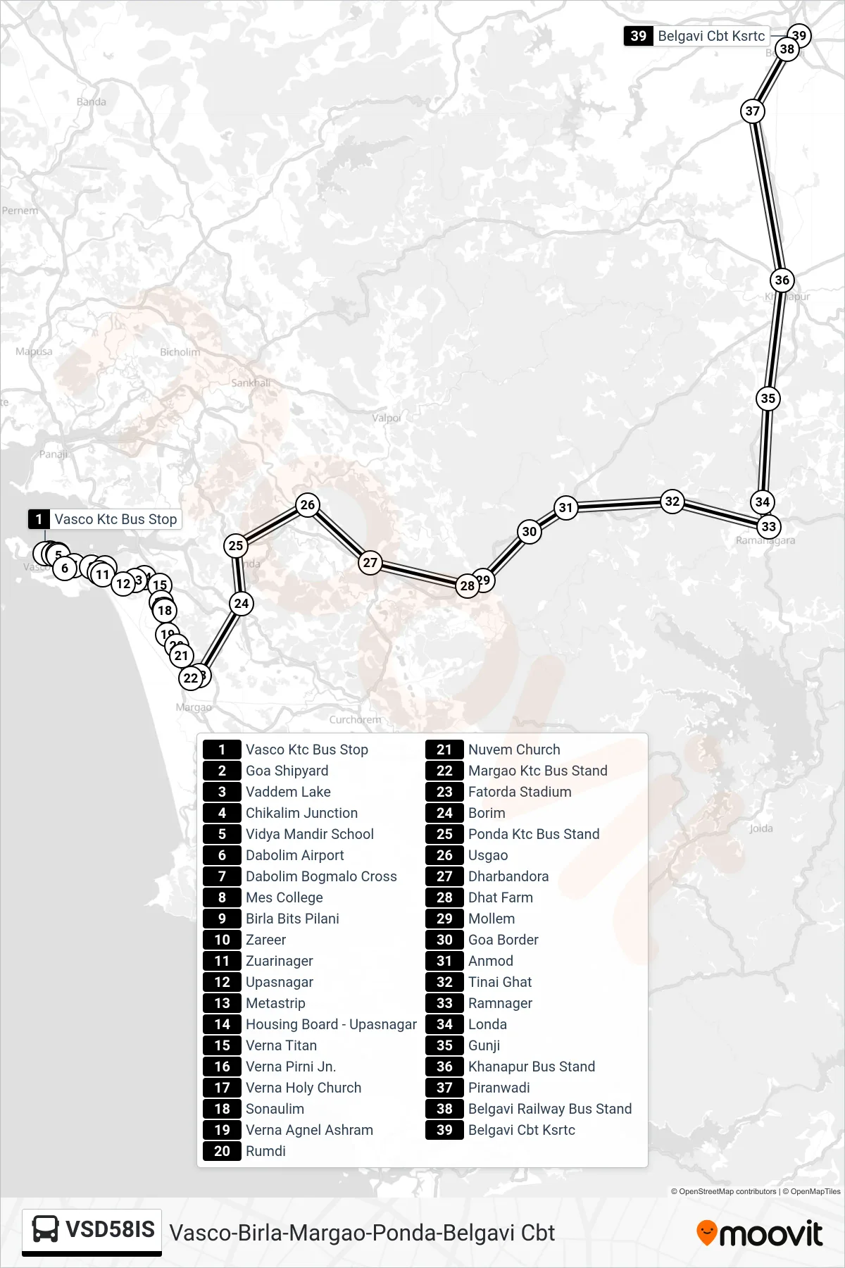 VSD58IS bus Line (Vasco-Birla-Margao-Ponda-Belgavi Cbt) route and stops on a map