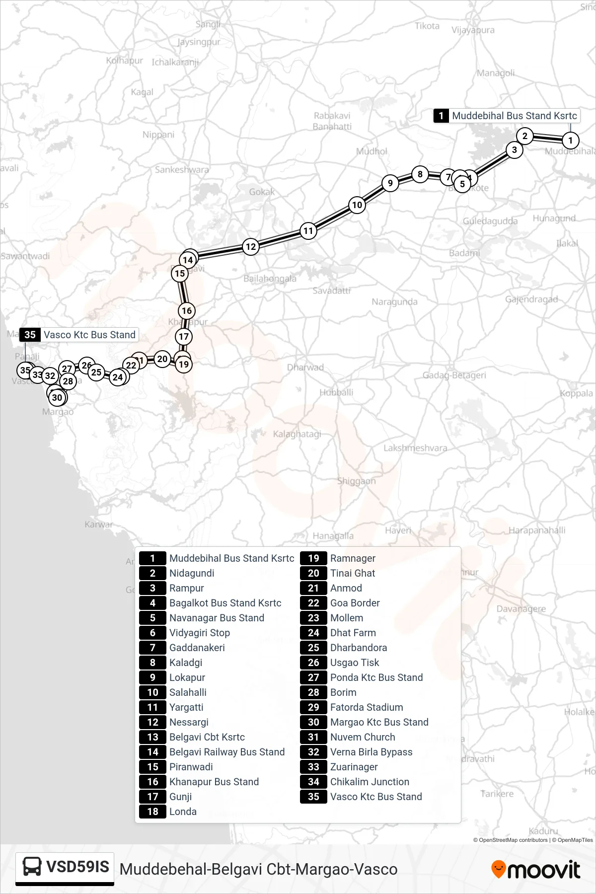 VSD59IS bus Line (Muddebehal-Belgavi Cbt-Margao-Vasco) route and stops on a map