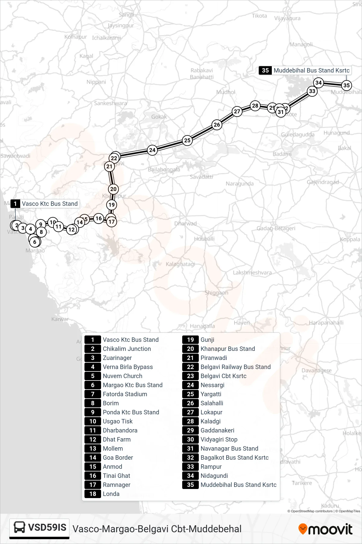 VSD59IS bus Line (Vasco-Margao-Belgavi Cbt-Muddebehal) route and stops on a map