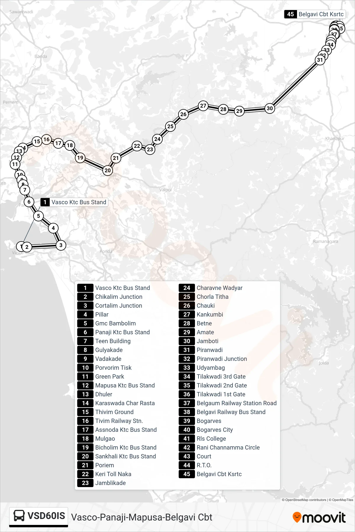 VSD60IS bus Line (Vasco-Panaji-Mapusa-Belgavi Cbt) route and stops on a map
