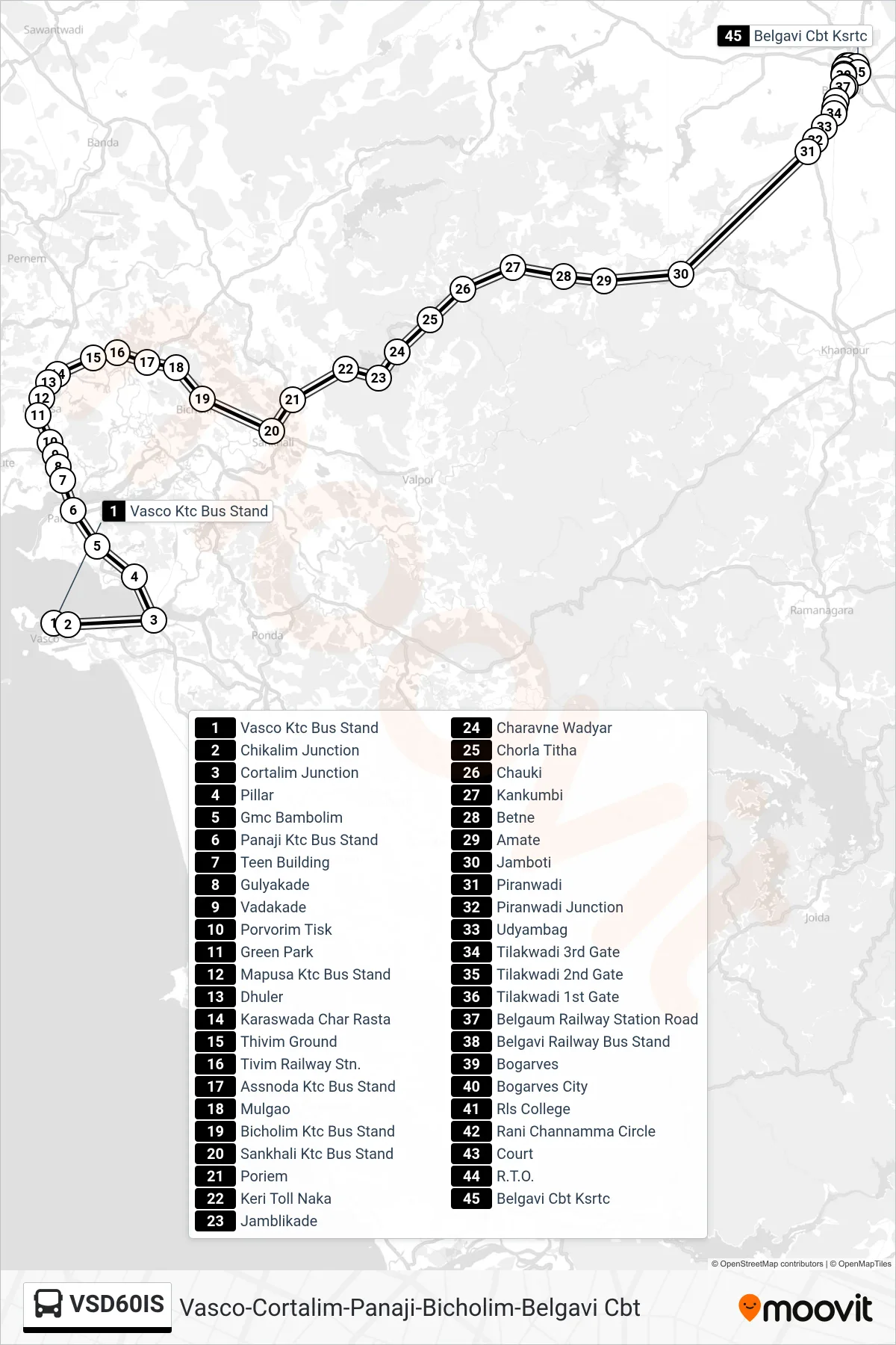 VSD60IS bus Line (Vasco-Cortalim-Panaji-Bicholim-Belgavi Cbt) route and stops on a map