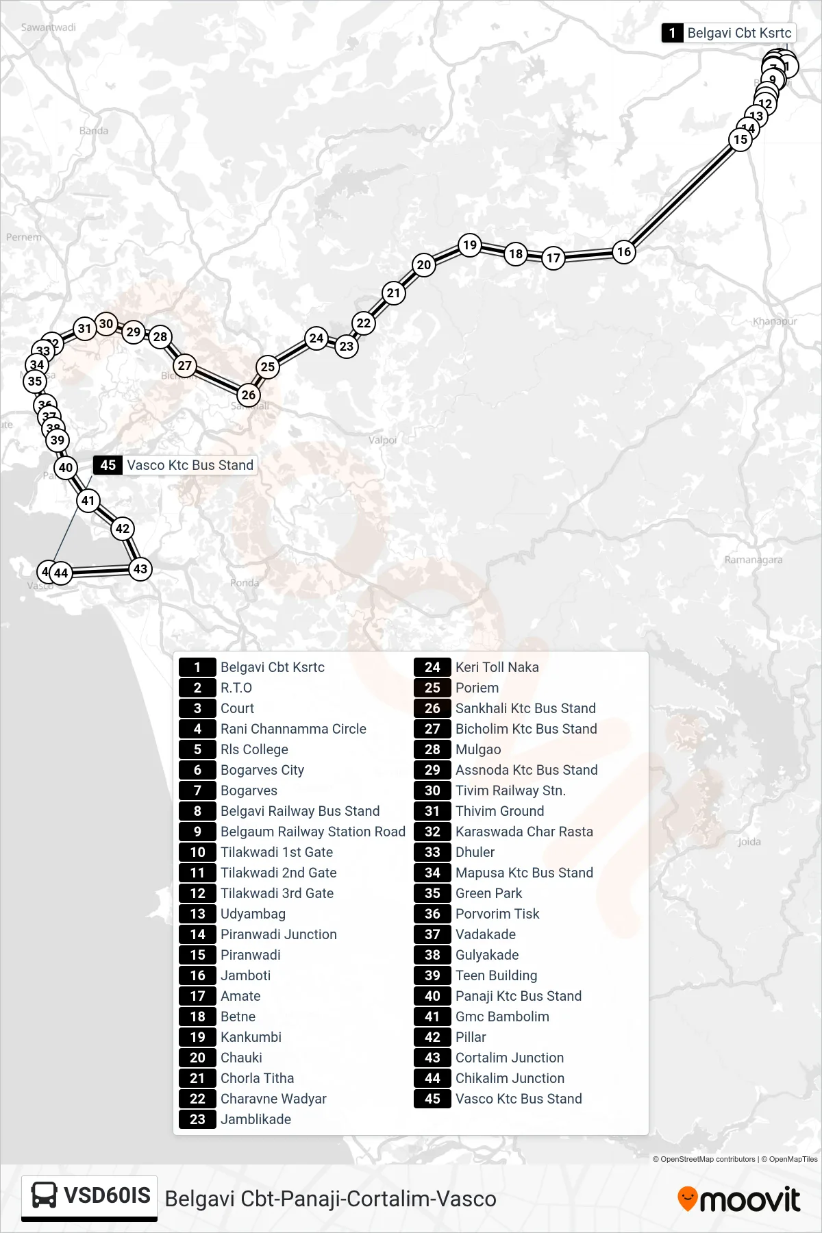 VSD60IS bus Line (Belgavi Cbt-Panaji-Cortalim-Vasco) route and stops on a map