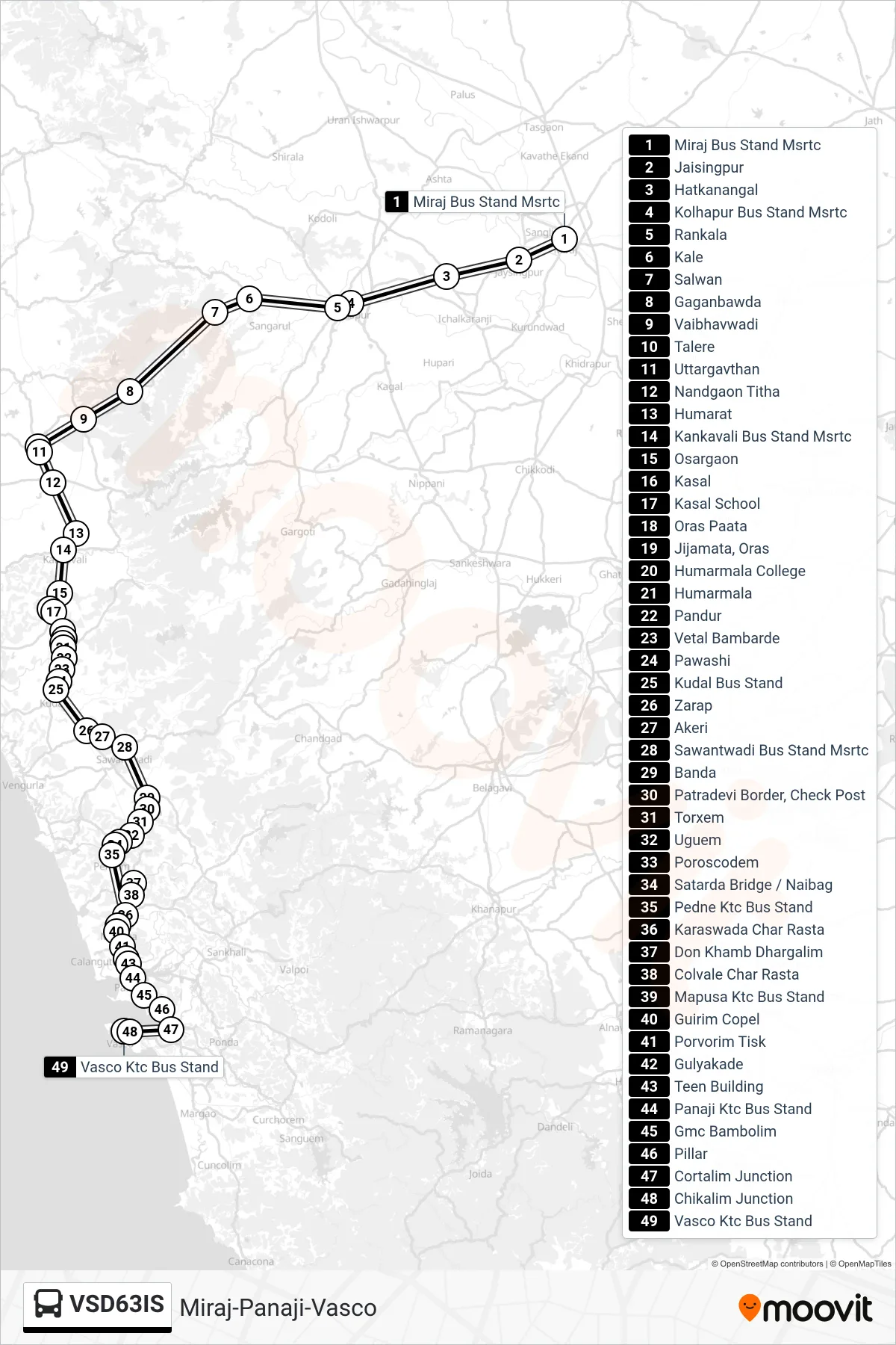VSD63IS bus Line (Miraj-Panaji-Vasco) route and stops on a map