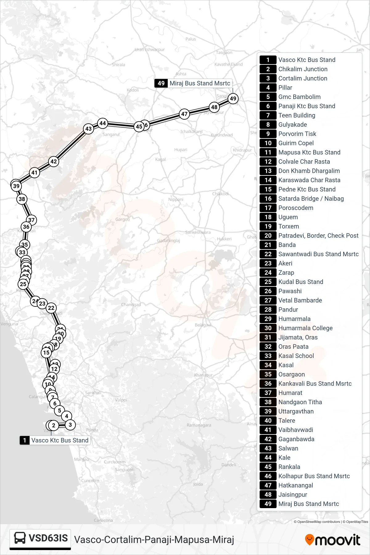 VSD63IS bus Line (Vasco-Cortalim-Panaji-Mapusa-Miraj) route and stops on a map