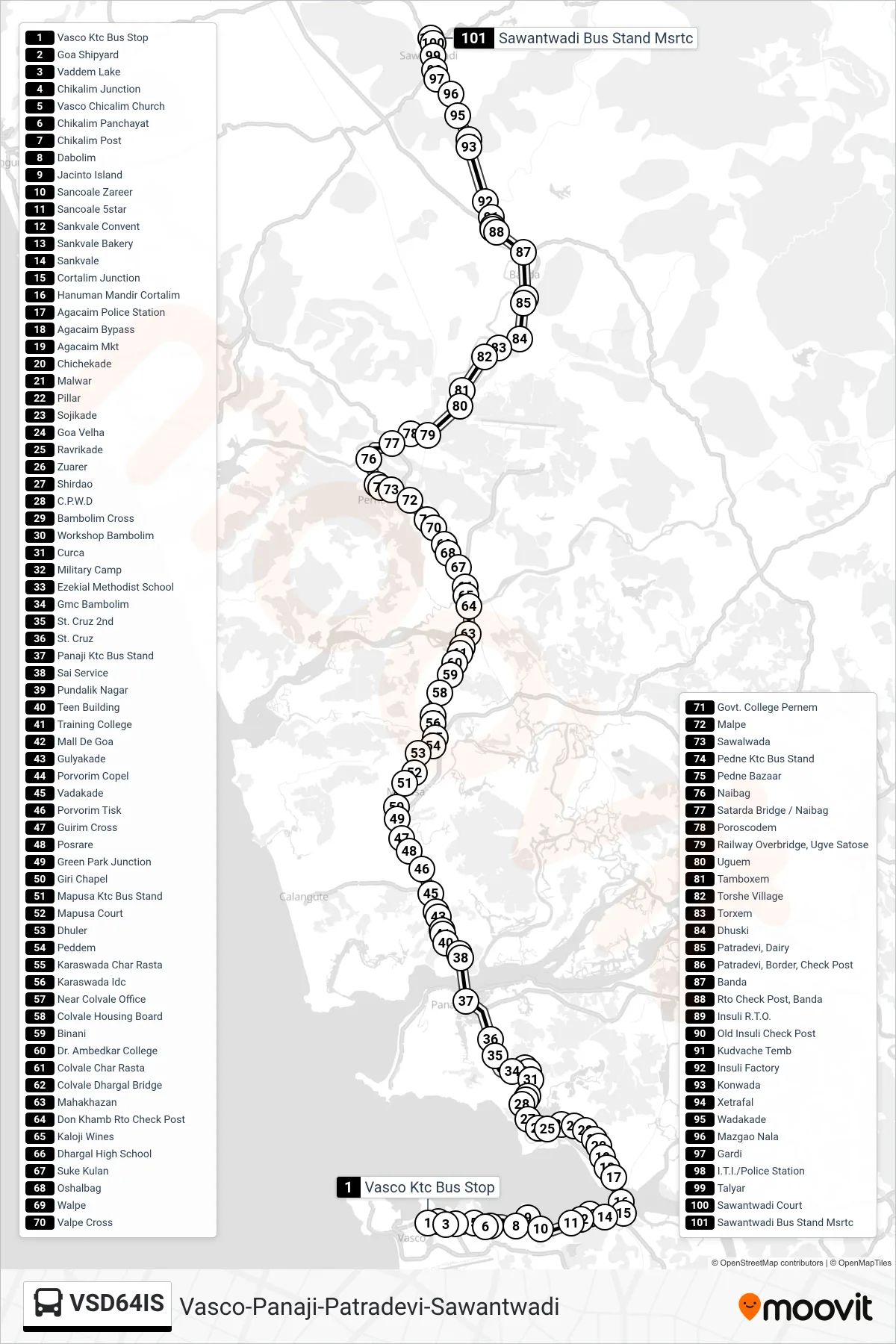 VSD64IS bus Line (Vasco-Panaji-Patradevi-Sawantwadi) route and stops on a map