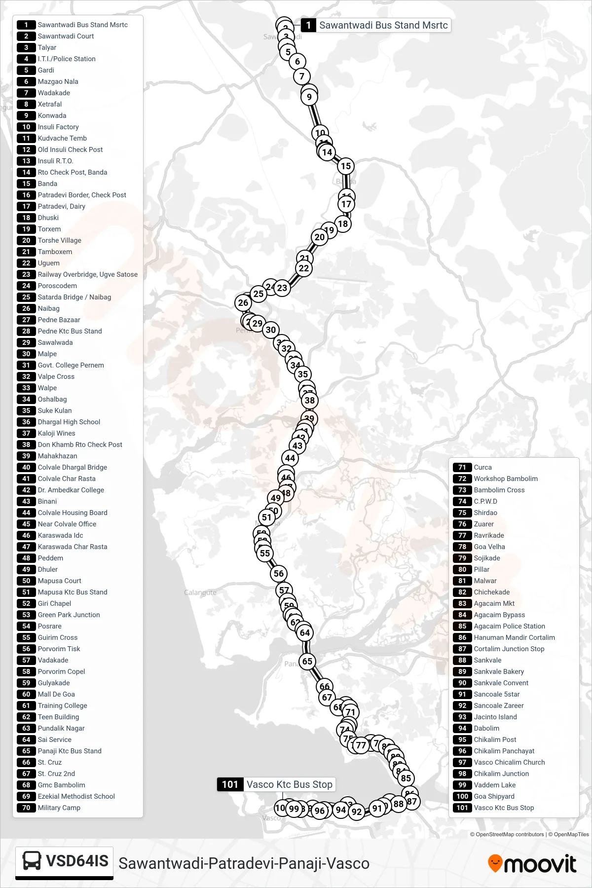 VSD64IS bus Line (Sawantwadi-Patradevi-Panaji-Vasco) route and stops on a map
