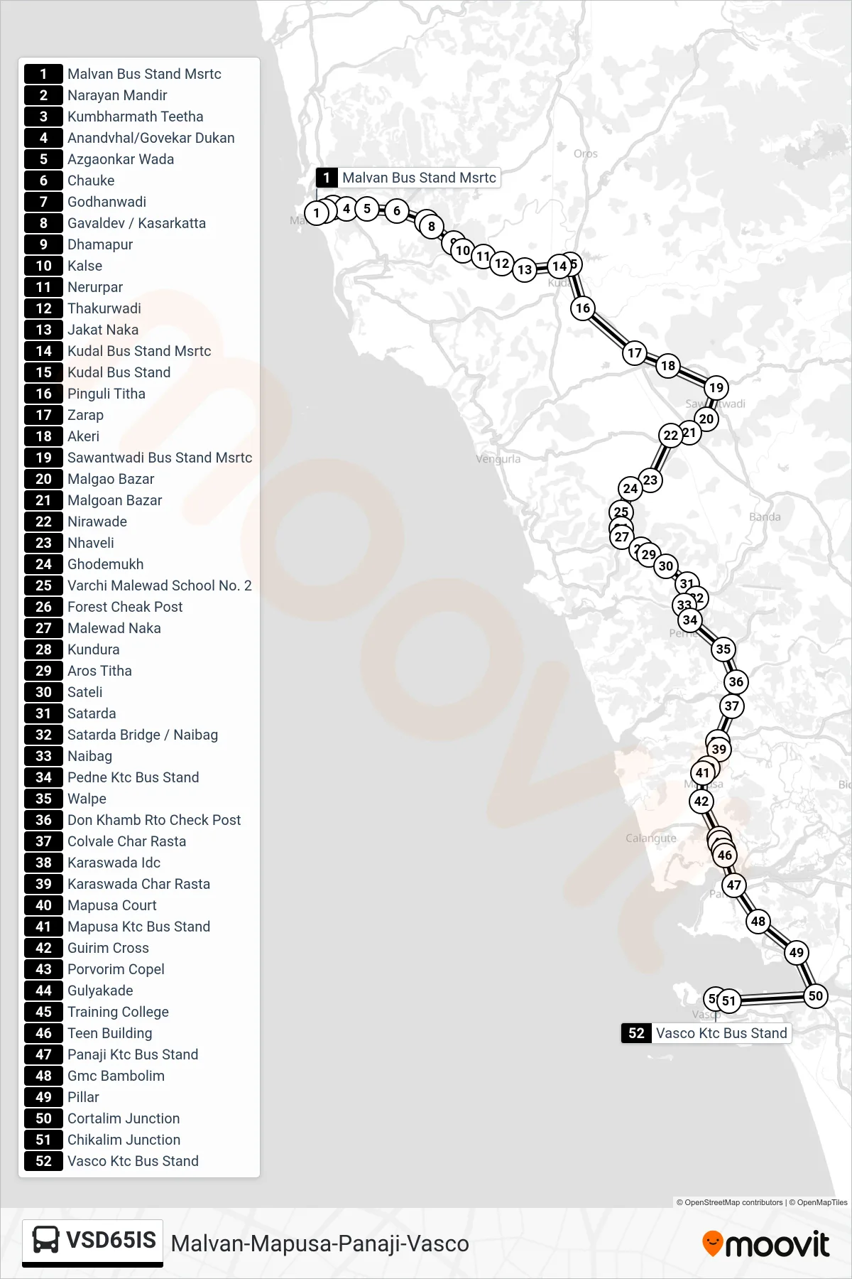 VSD65IS bus Line (Malvan-Mapusa-Panaji-Vasco) route and stops on a map
