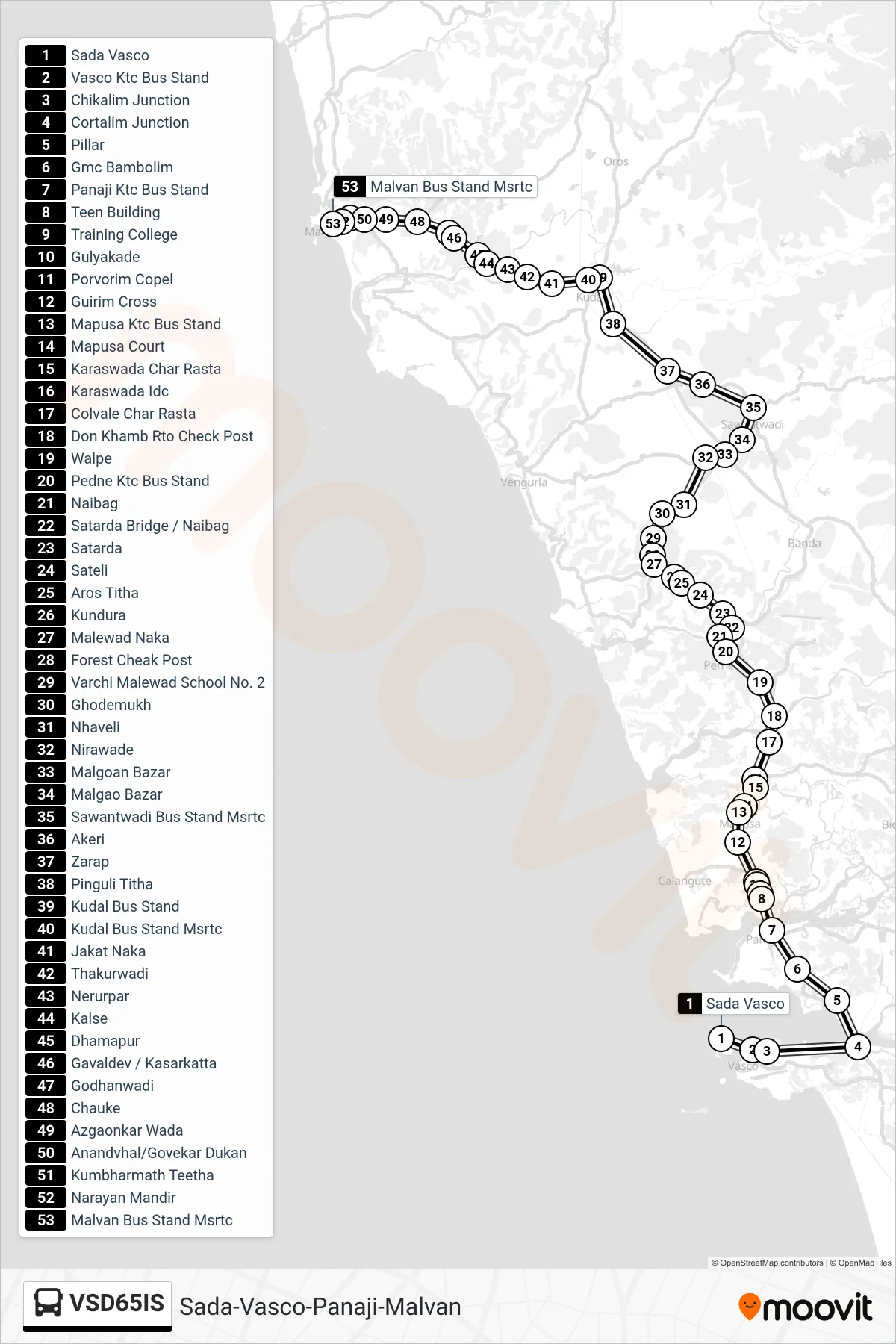 VSD65IS bus Line (Sada-Vasco-Panaji-Malvan) route and stops on a map