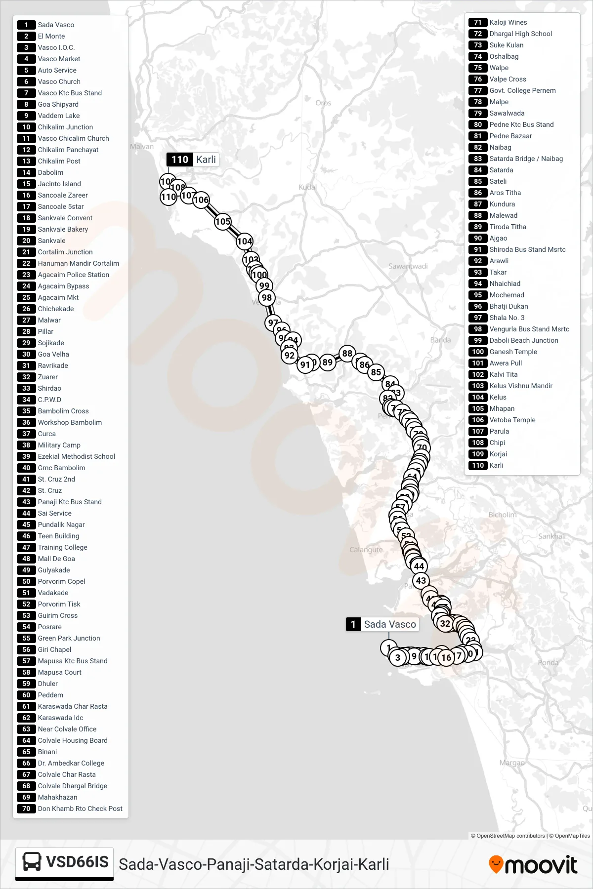 VSD66IS bus Line (Sada-Vasco-Panaji-Satarda-Korjai-Karli) route and stops on a map