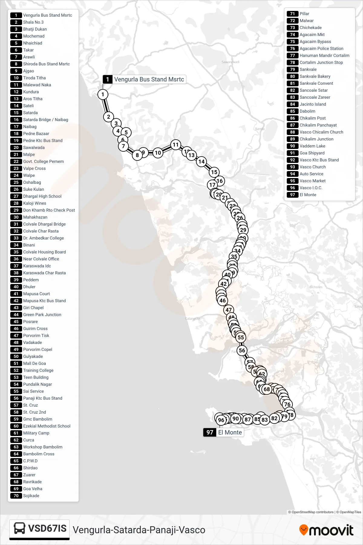 VSD67IS bus Line (Vengurla-Satarda-Panaji-Vasco) route and stops on a map