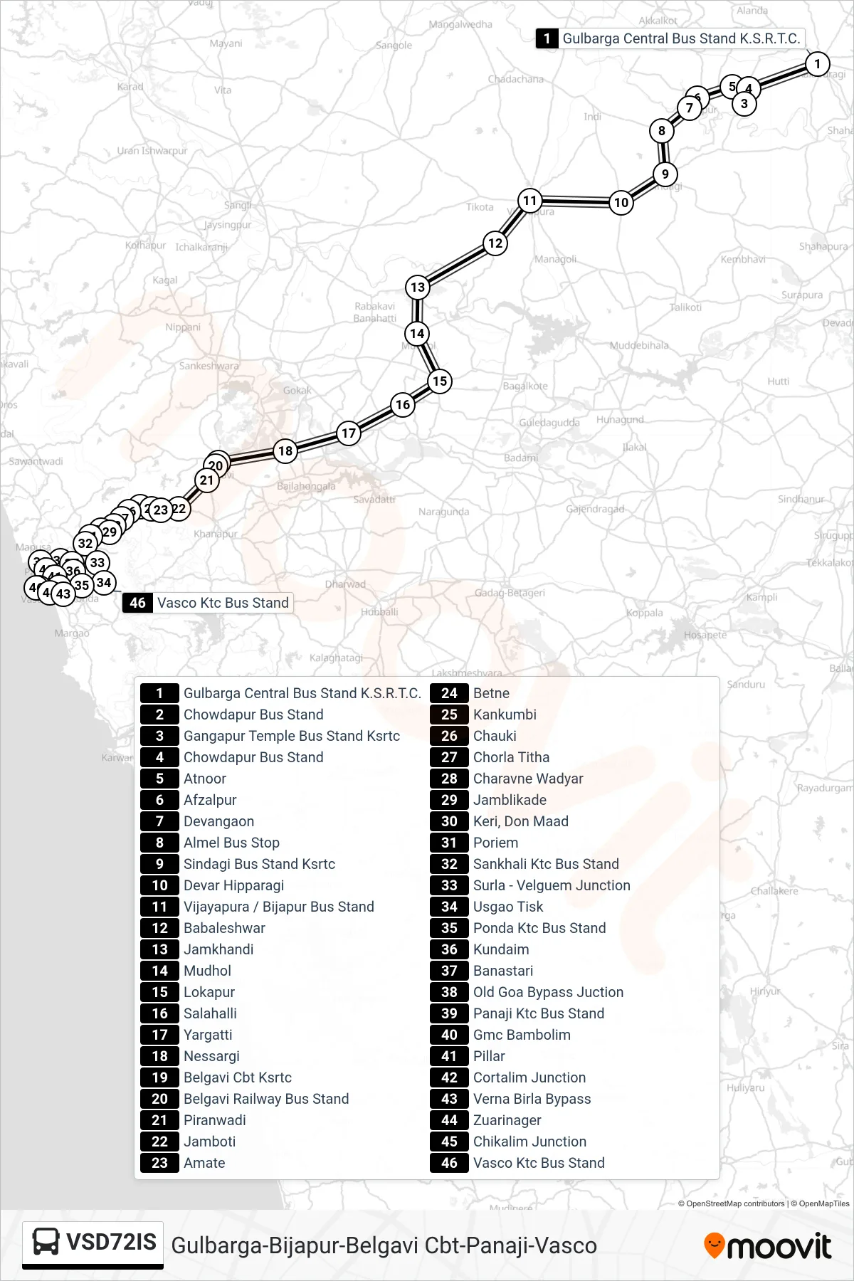 VSD72IS bus Line (Gulbarga-Bijapur-Belgavi Cbt-Panaji-Vasco) route and stops on a map