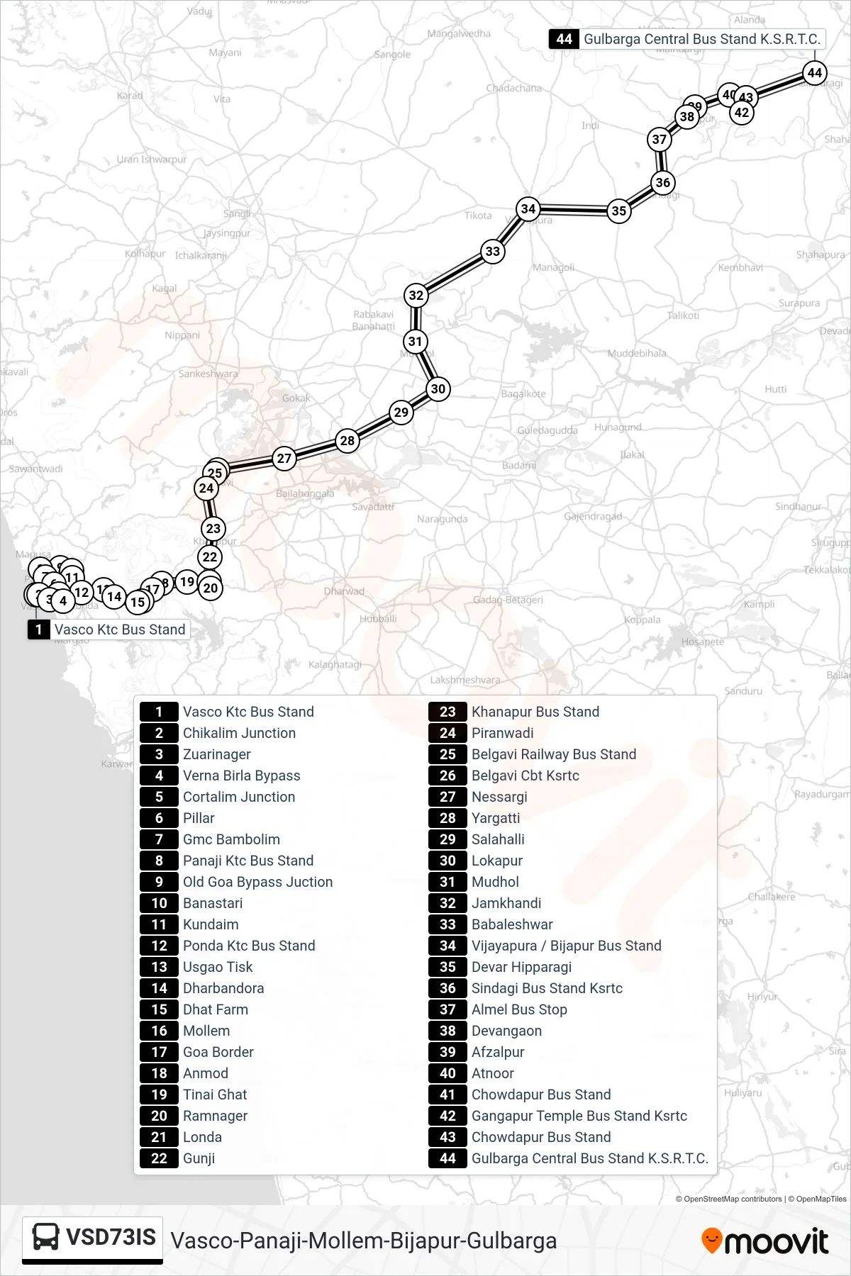 VSD73IS bus Line (Vasco-Panaji-Mollem-Bijapur-Gulbarga) route and stops on a map