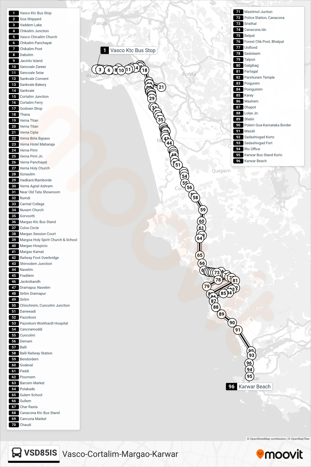 VSD85IS bus Line (Vasco-Cortalim-Margao-Karwar) route and stops on a map