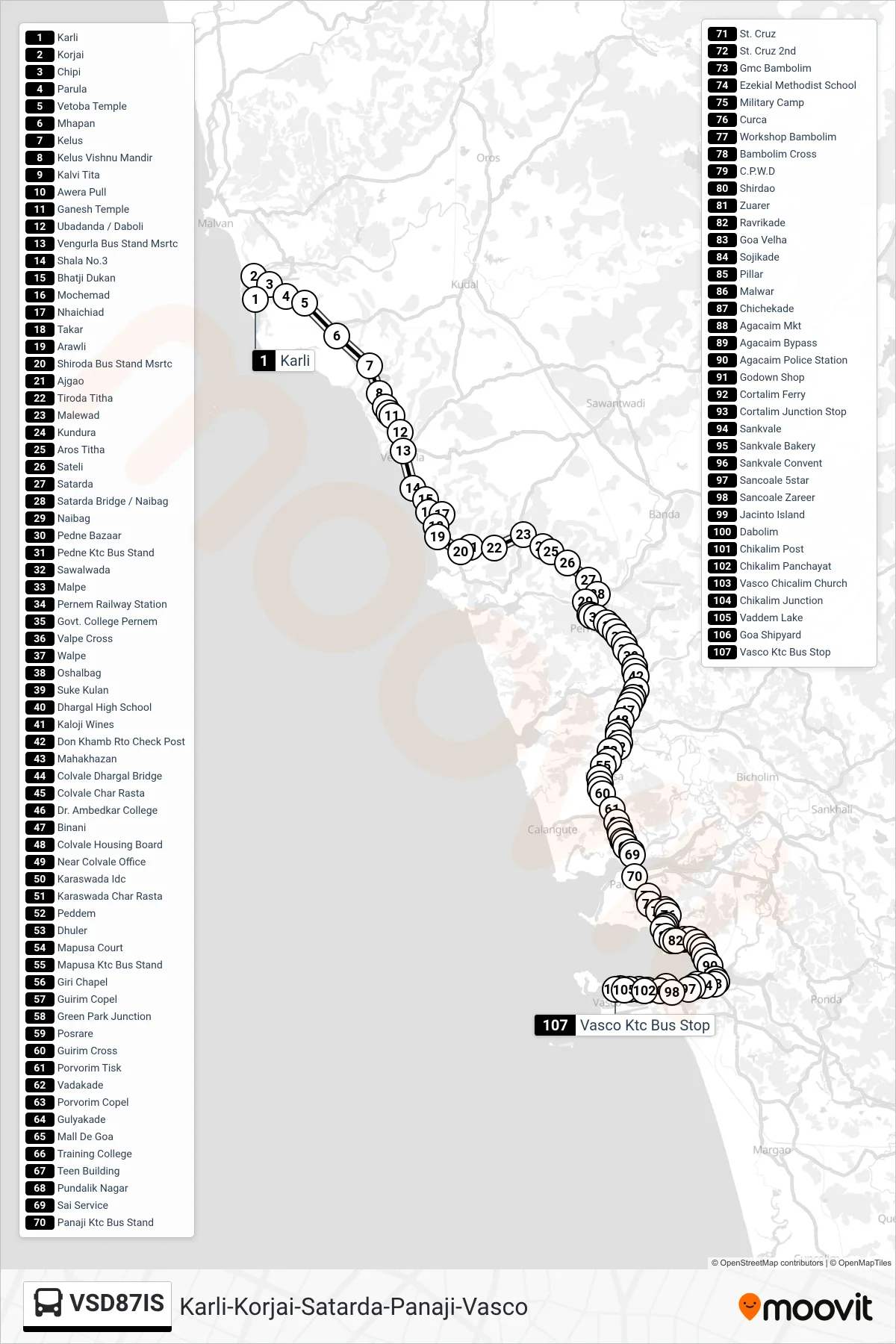 VSD87IS bus Line (Karli-Korjai-Satarda-Panaji-Vasco) route and stops on a map