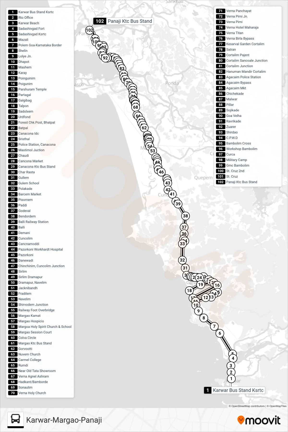 MRG120IS bus Line (Karwar-Margao-Panaji) route and stops on a map