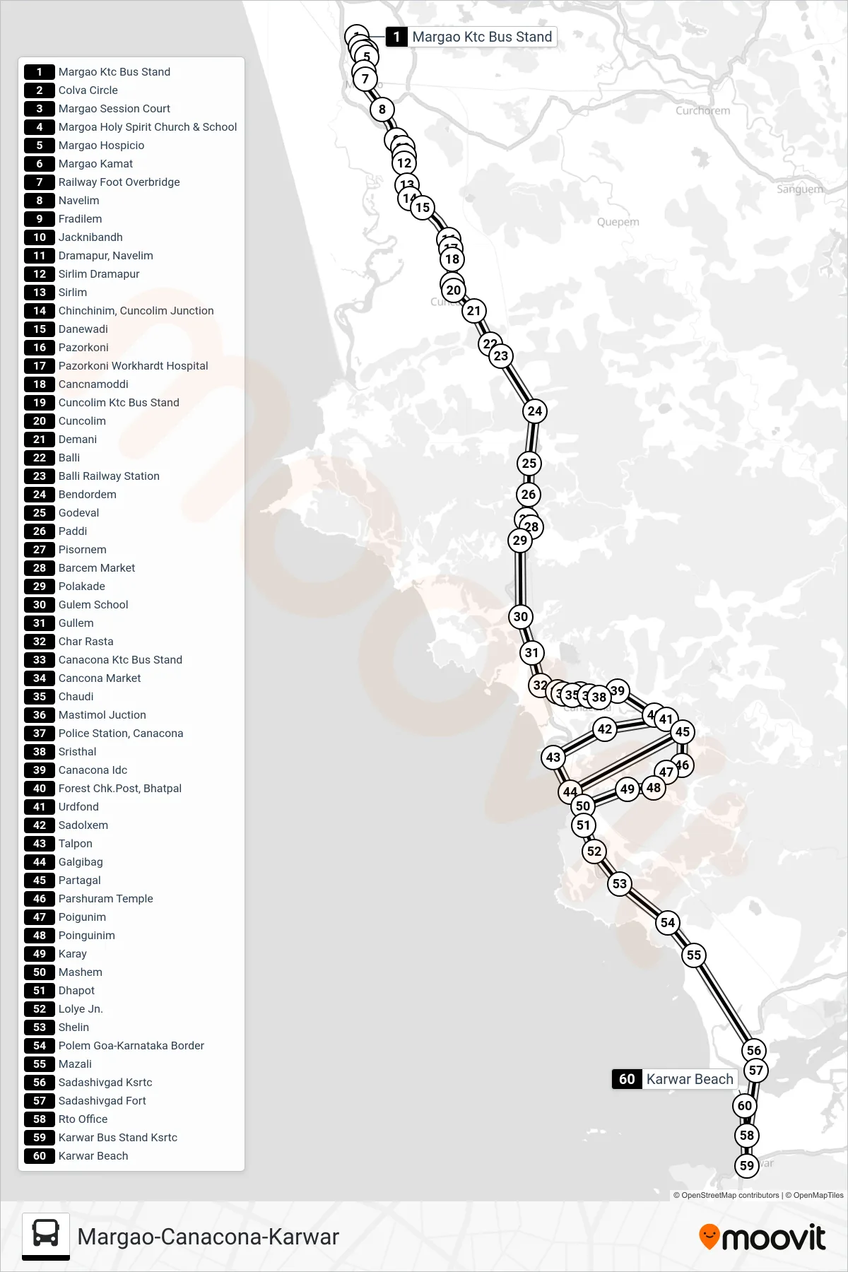 MRG121IS bus Line (Margao-Canacona-Karwar) route and stops on a map