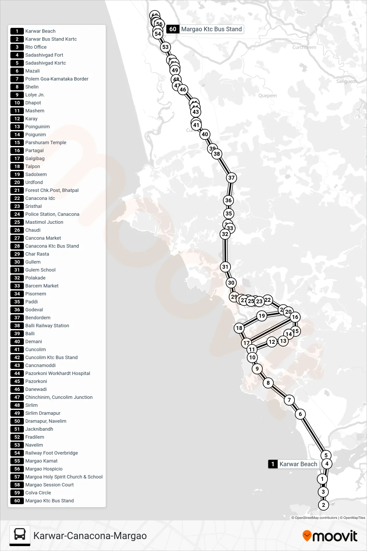 MRG121IS bus Line (Karwar-Canacona-Margao) route and stops on a map