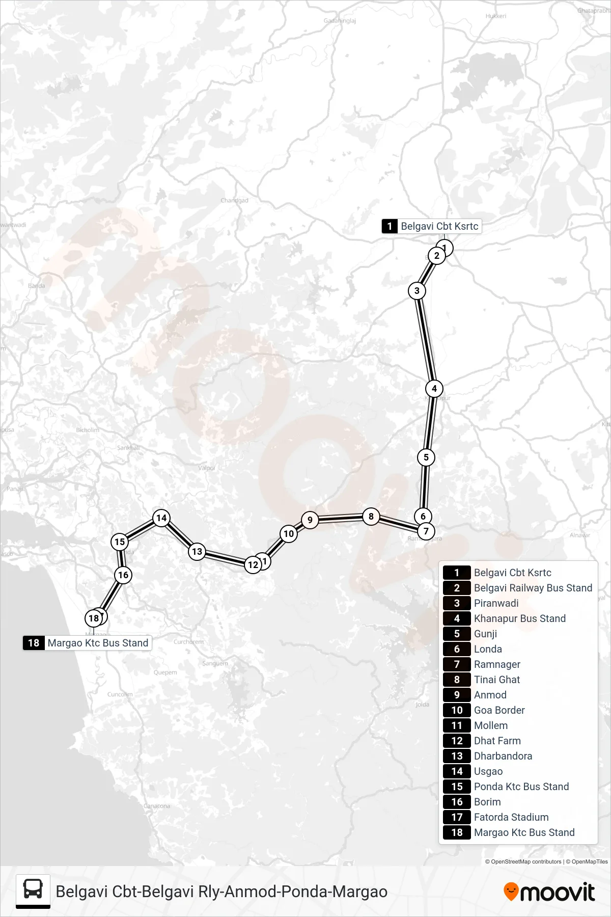 MRG125IS bus Line (Belgavi Cbt-Belgavi Rly-Anmod-Ponda-Margao) route and stops on a map