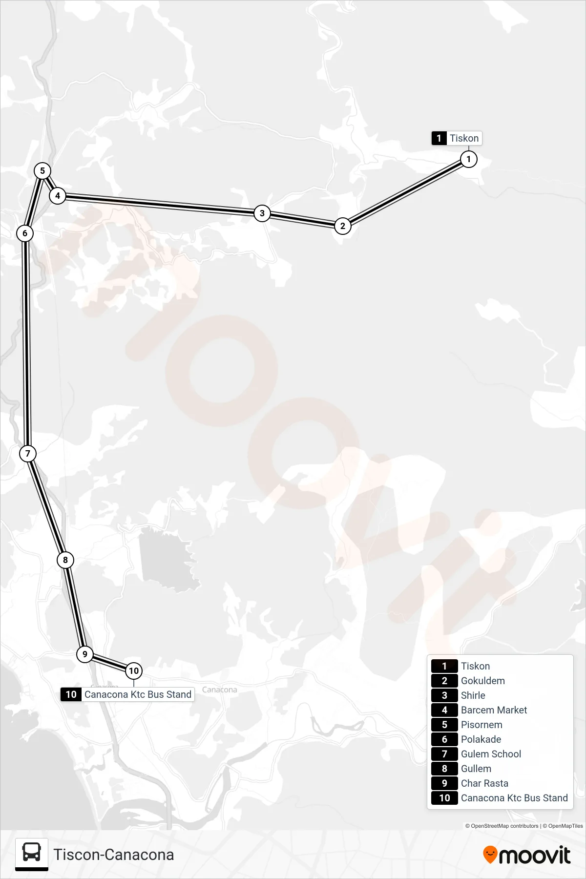 MRG320MB bus Line (Tiscon-Canacona) route and stops on a map