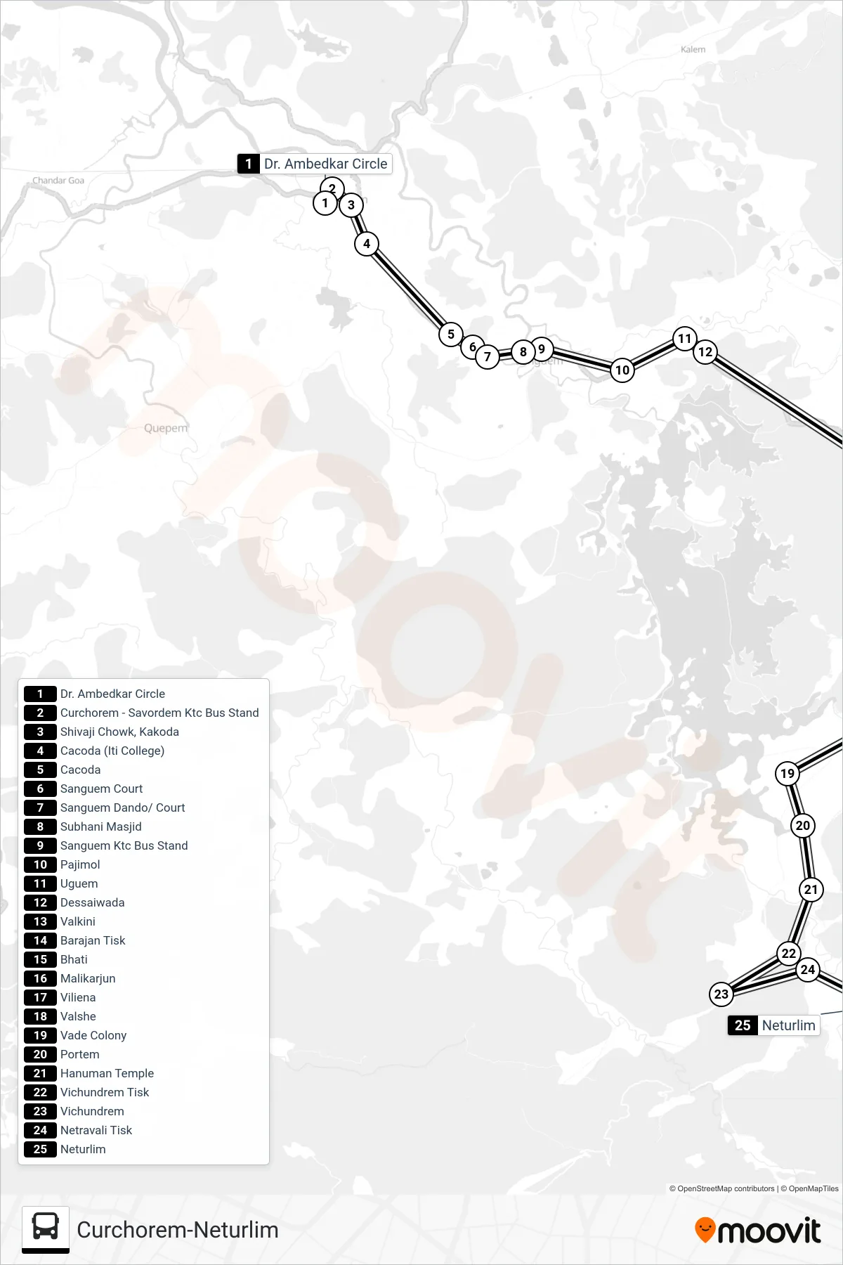 MRG331MB bus Line (Curchorem-Neturlim) route and stops on a map