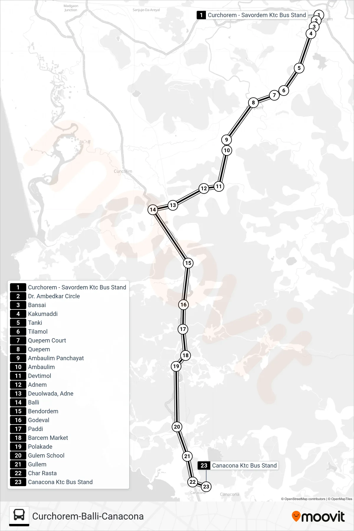 MRG339MB bus Line (Curchorem-Balli-Canacona) route and stops on a map