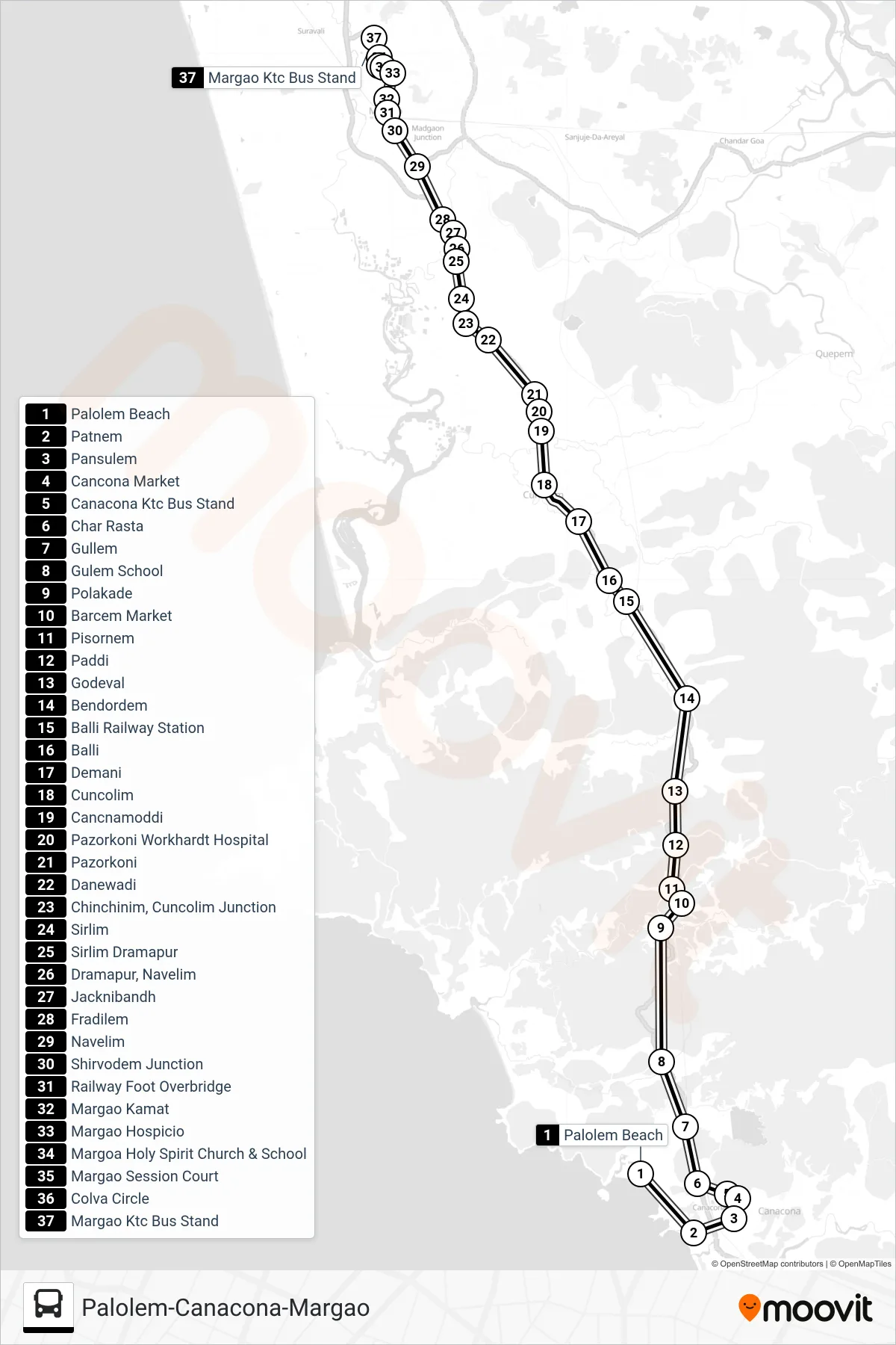 MRG341MB bus Line (Palolem-Canacona-Margao) route and stops on a map