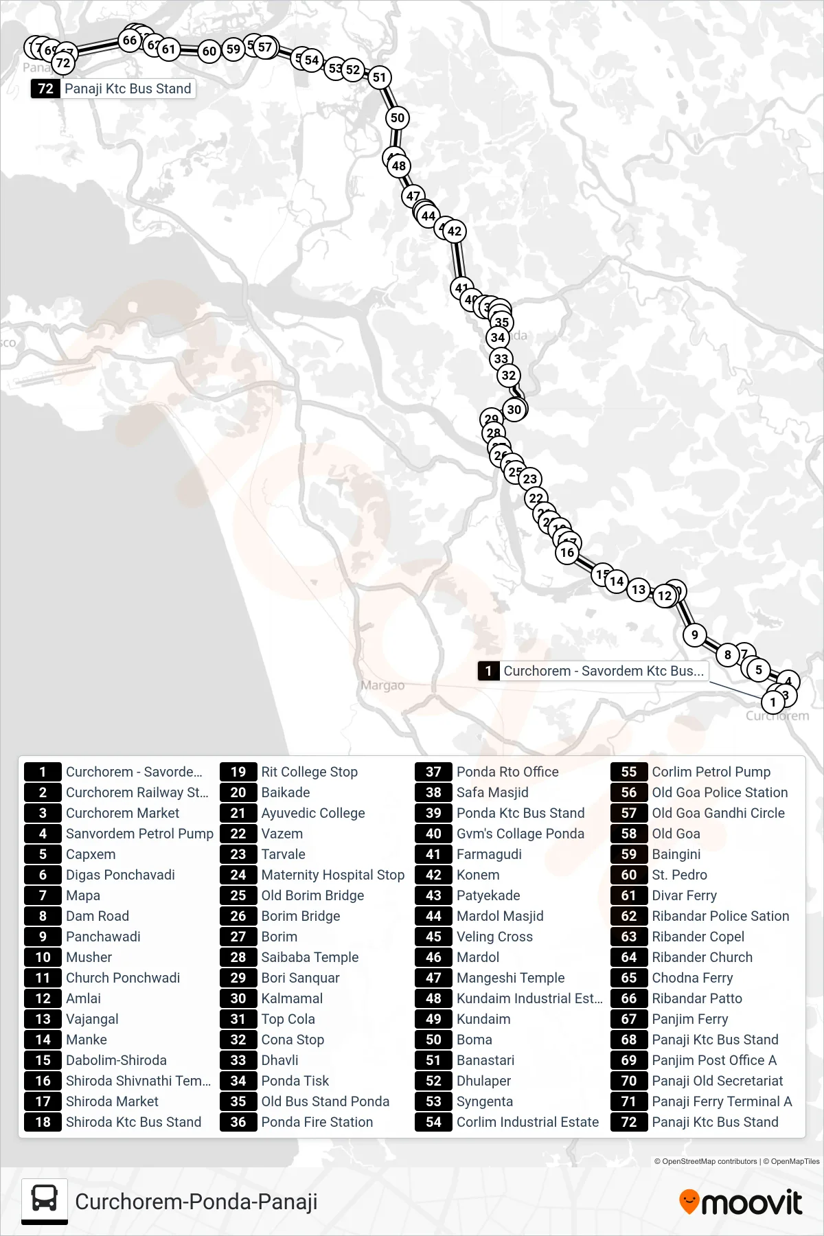 MRG352MB bus Line (Curchorem-Ponda-Panaji) route and stops on a map