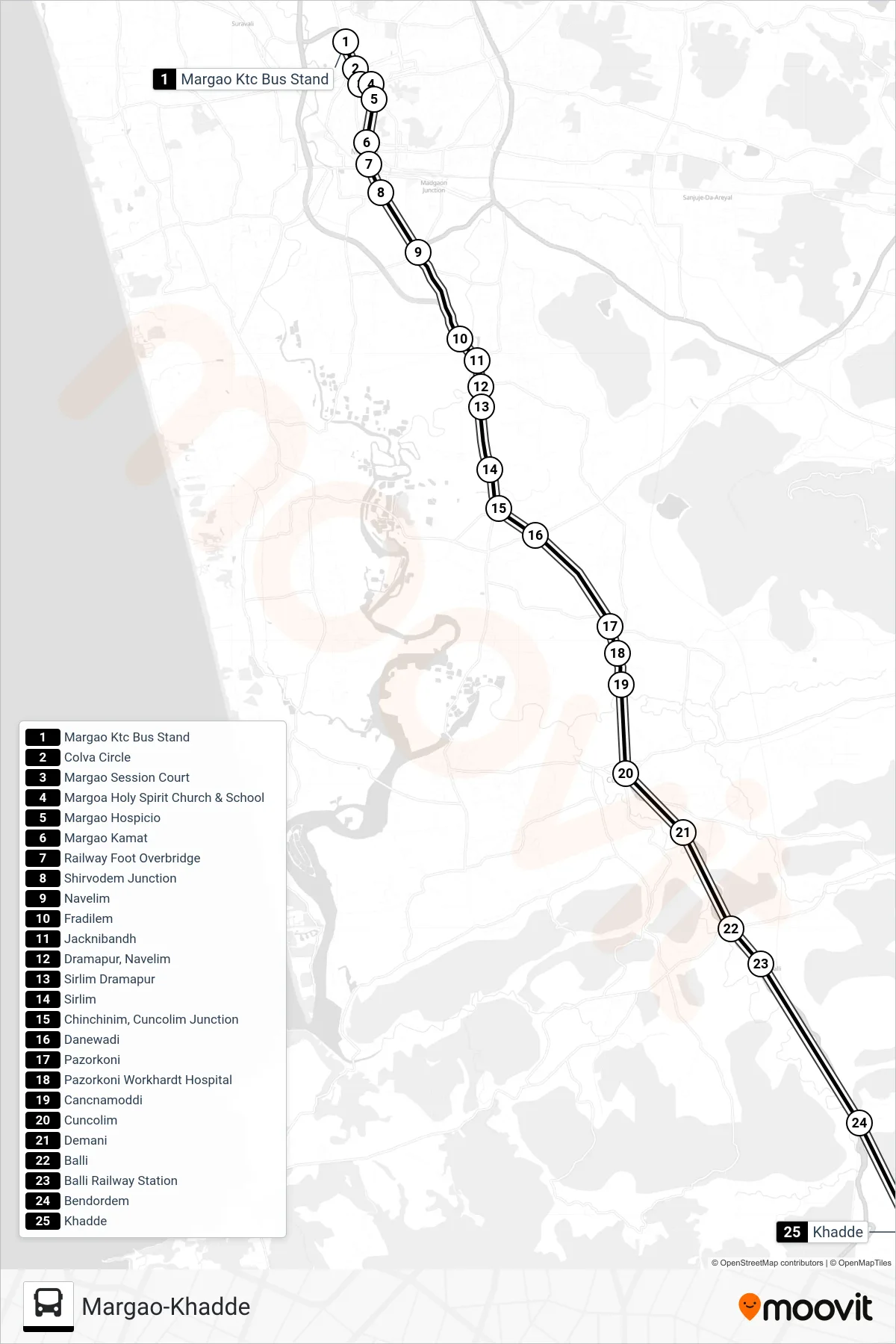MRG366MB bus Line (Margao-Khadde) route and stops on a map