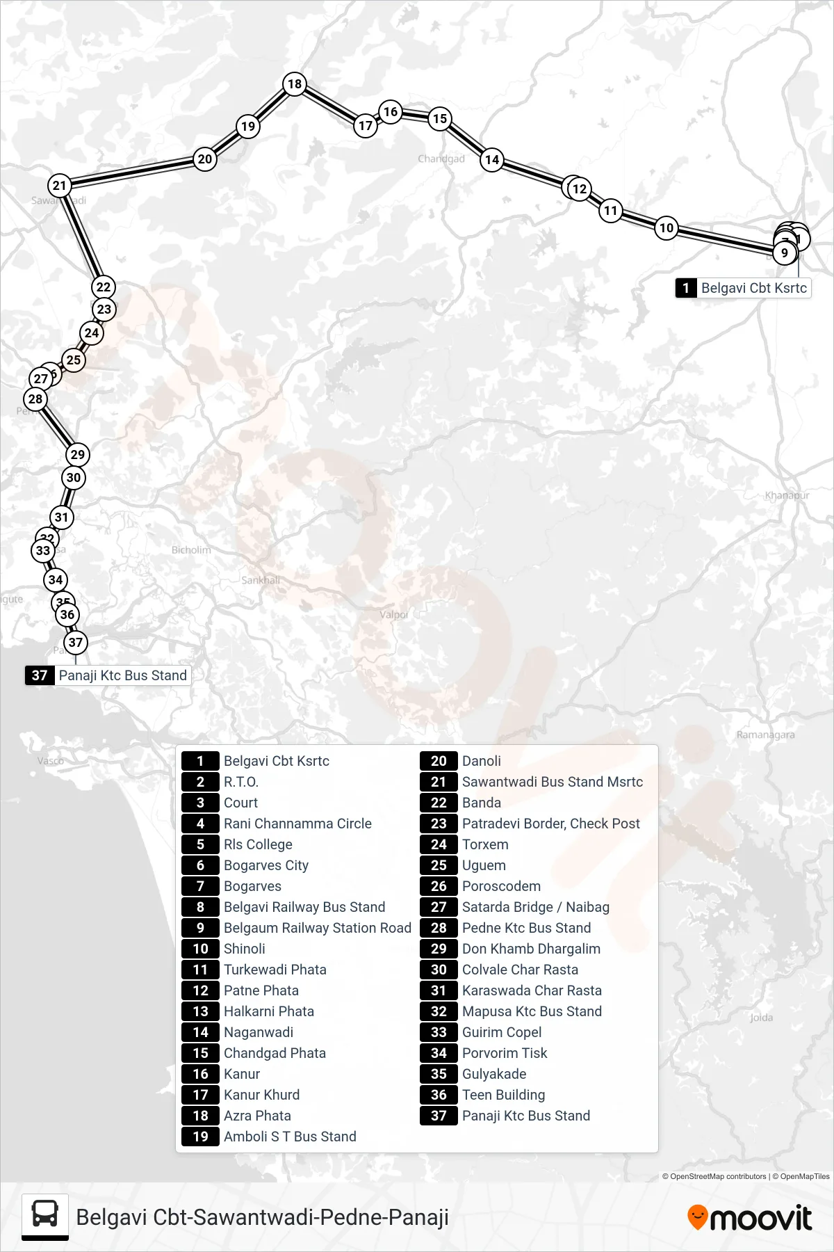 PNJ120IS bus Line (Belgavi Cbt-Sawantwadi-Pedne-Panaji) route and stops on a map