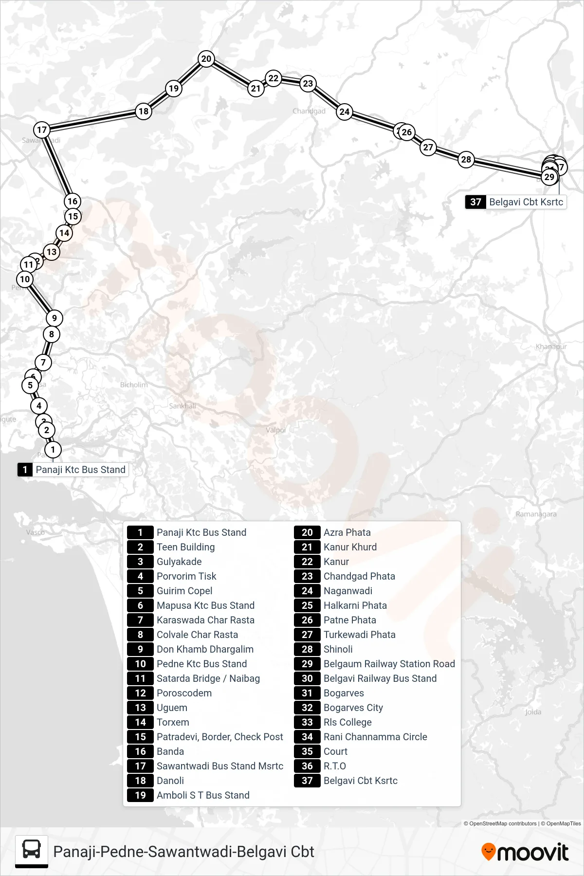 PNJ120IS bus Line (Panaji-Pedne-Sawantwadi-Belgavi Cbt) route and stops on a map