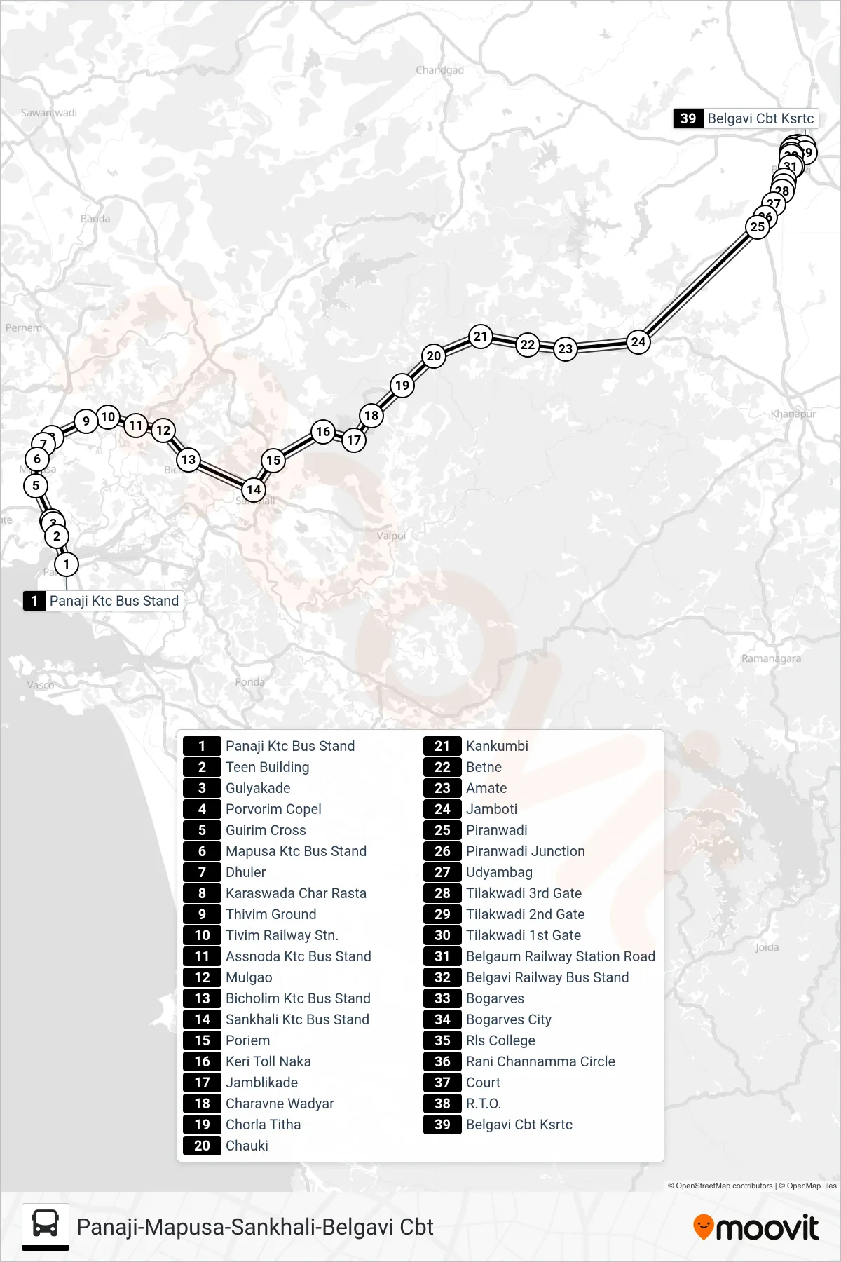 PNJ121IS bus Line (Panaji-Mapusa-Sankhali-Belgavi Cbt) route and stops on a map
