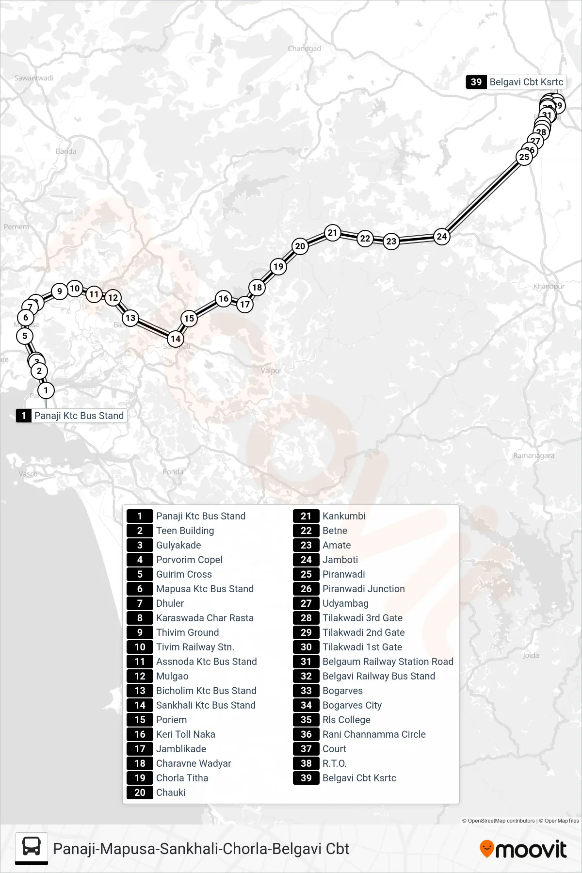 PNJ121IS bus Line (Panaji-Mapusa-Sankhali-Chorla-Belgavi Cbt) route and stops on a map