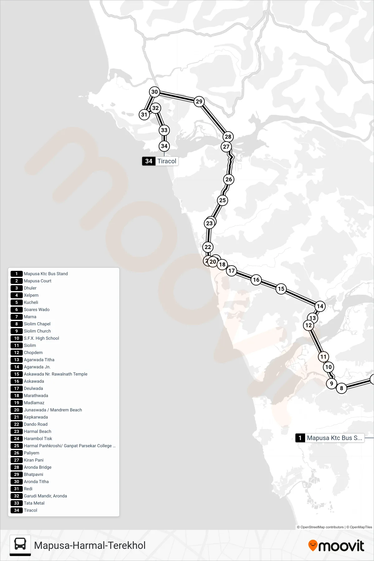 PRV145IS bus Line (Mapusa-Harmal-Terekhol) route and stops on a map