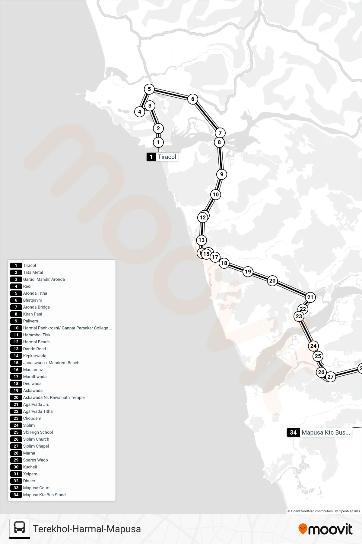 PRV145IS bus Line (Terekhol-Harmal-Mapusa) route and stops on a map