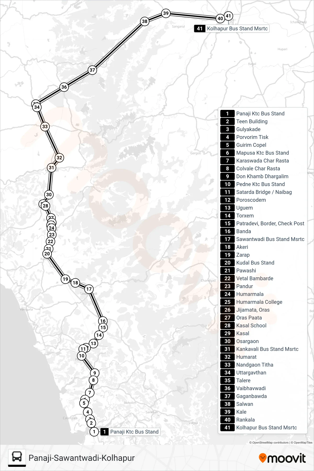 PRV150IS bus Line (Panaji-Sawantwadi-Kolhapur) route and stops on a map