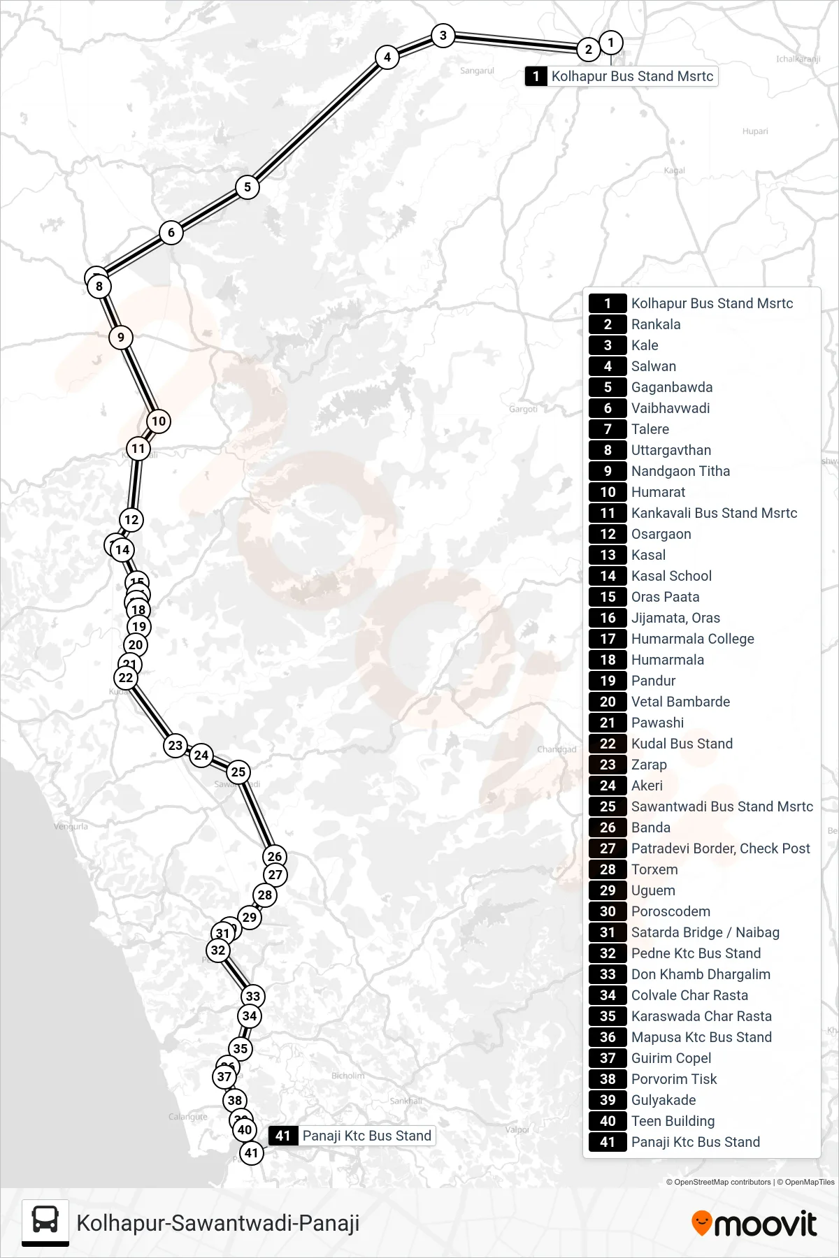 PRV150IS bus Line (Kolhapur-Sawantwadi-Panaji) route and stops on a map