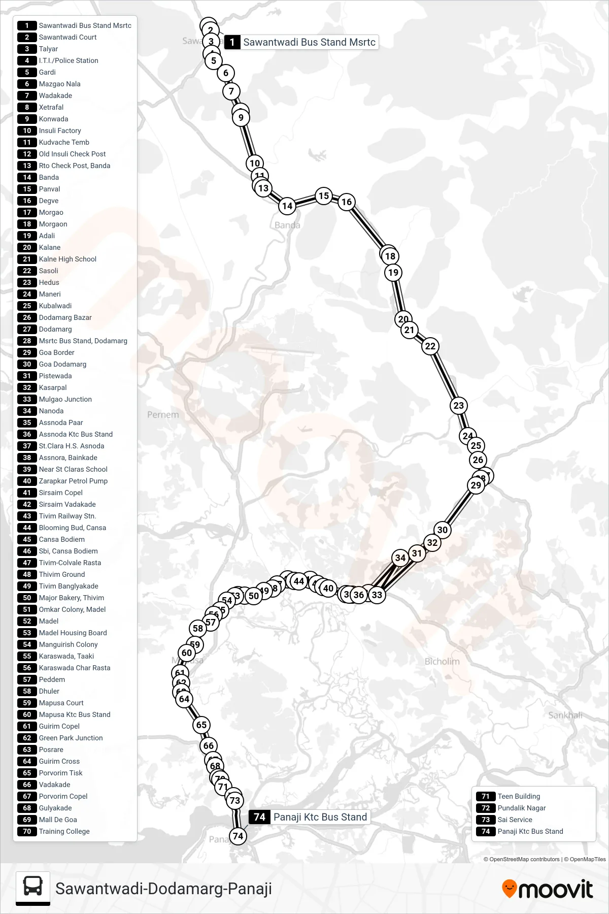 PRV151IS bus Line (Sawantwadi-Dodamarg-Panaji) route and stops on a map