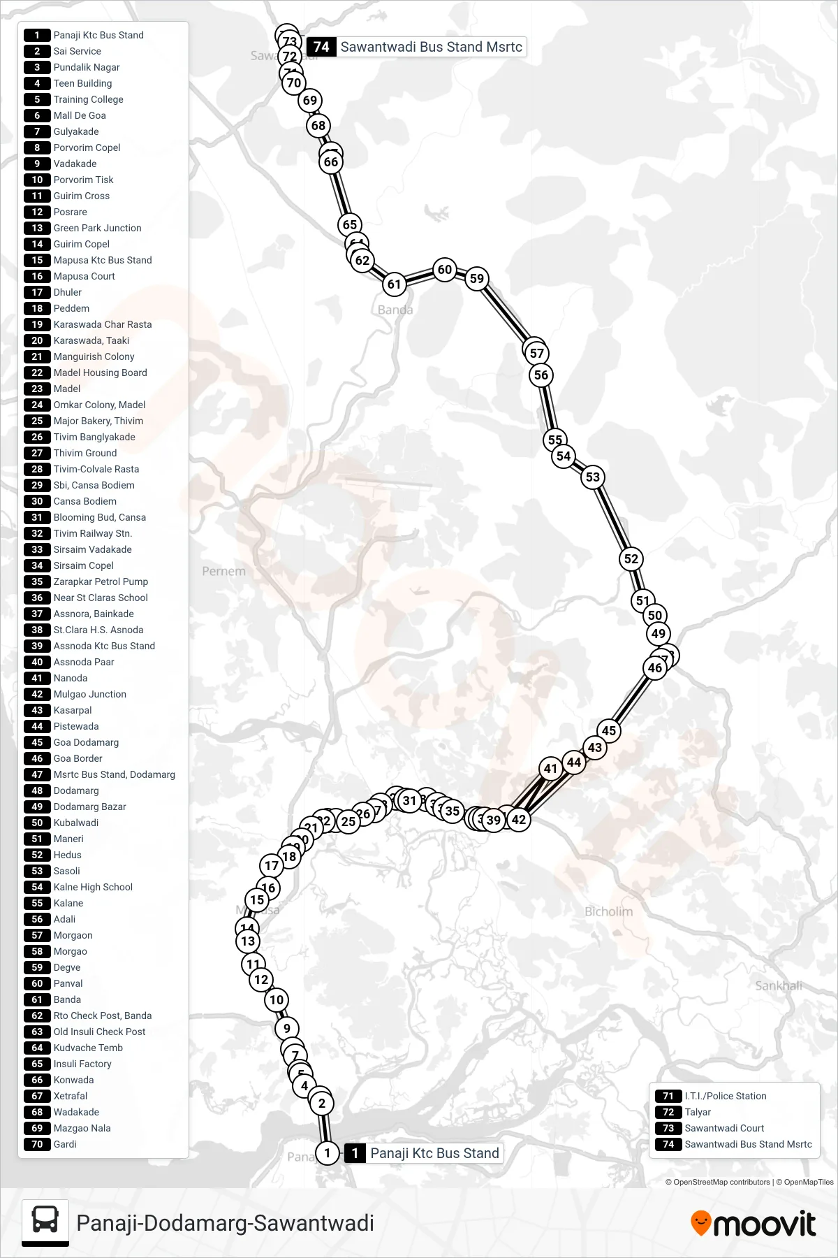PRV151IS bus Line (Panaji-Dodamarg-Sawantwadi) route and stops on a map
