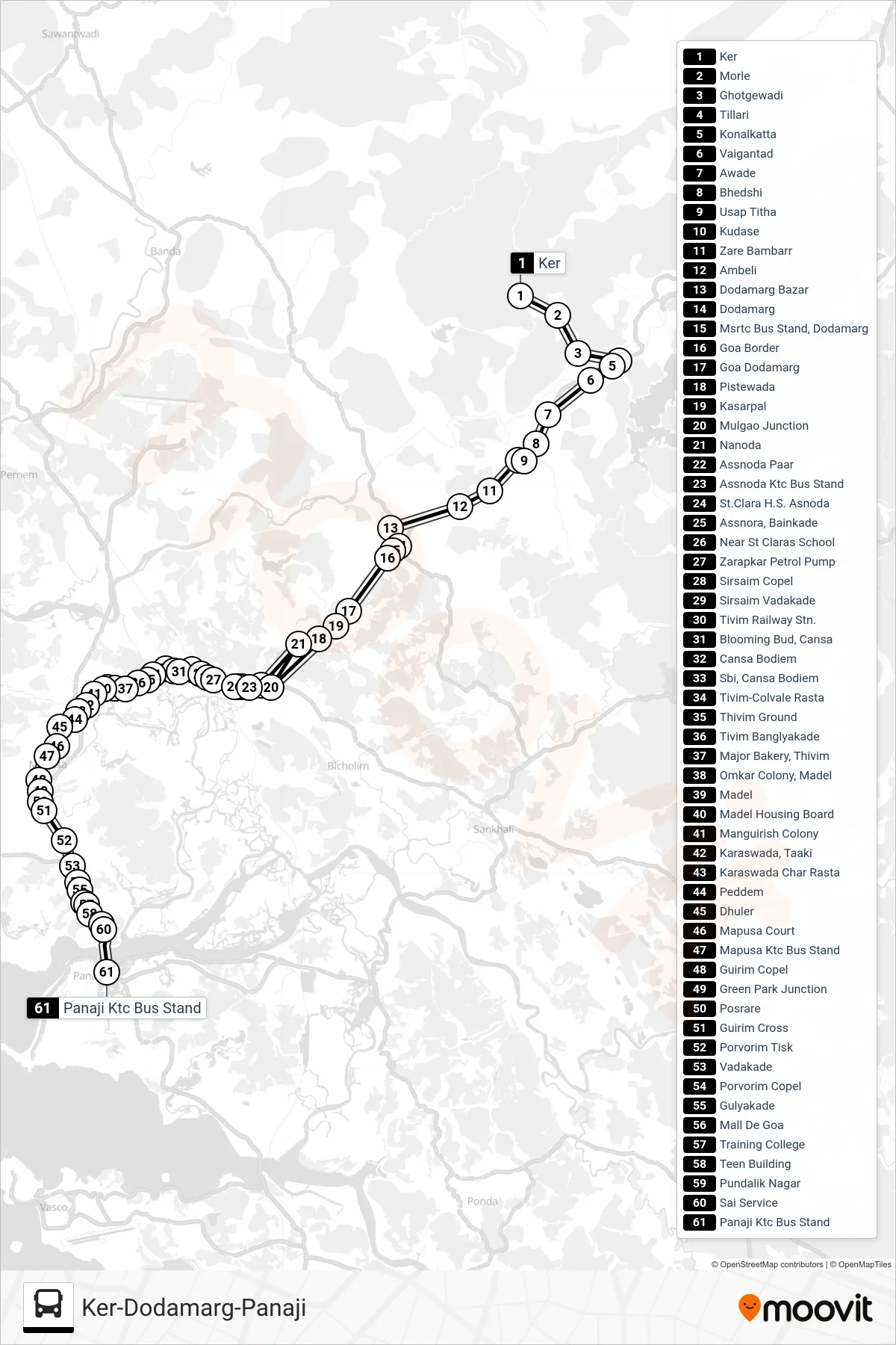 PRV152IS bus Line (Ker-Dodamarg-Panaji) route and stops on a map