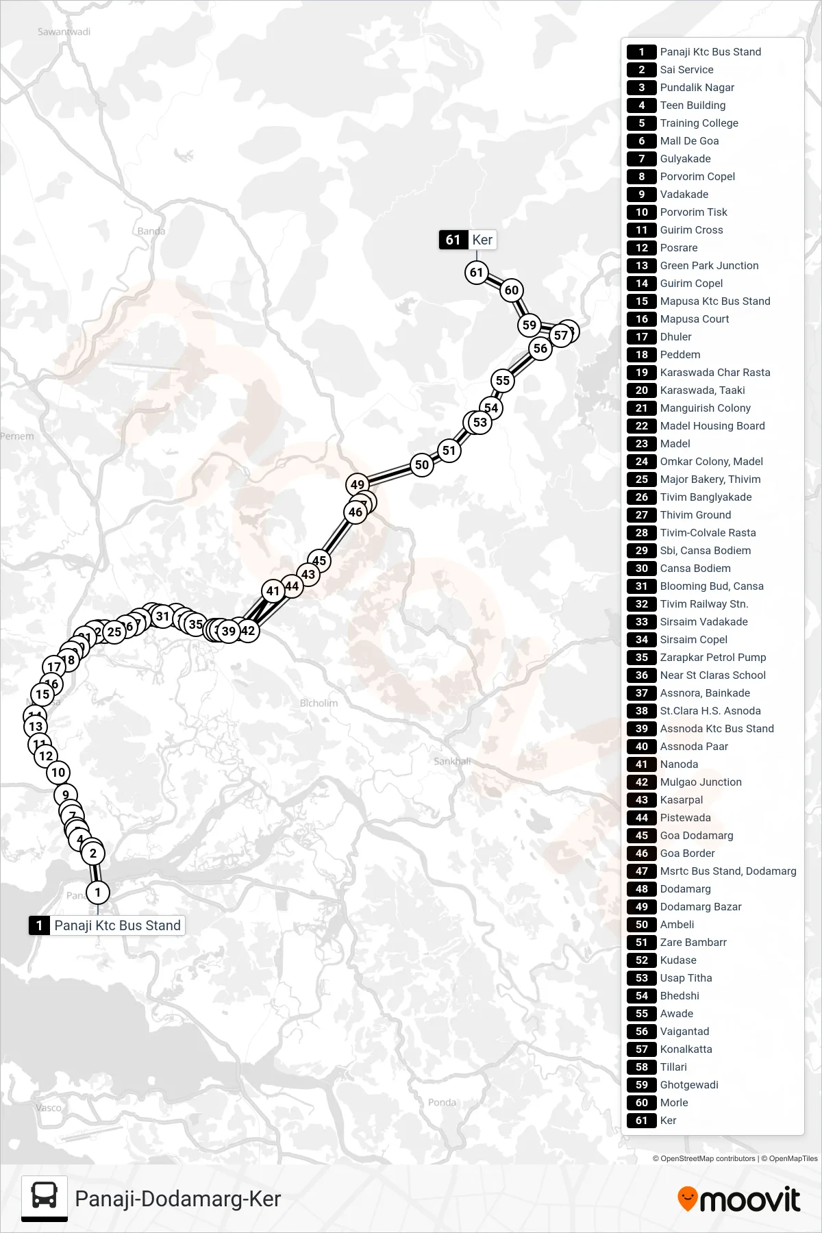 PRV152IS bus Line (Panaji-Dodamarg-Ker) route and stops on a map
