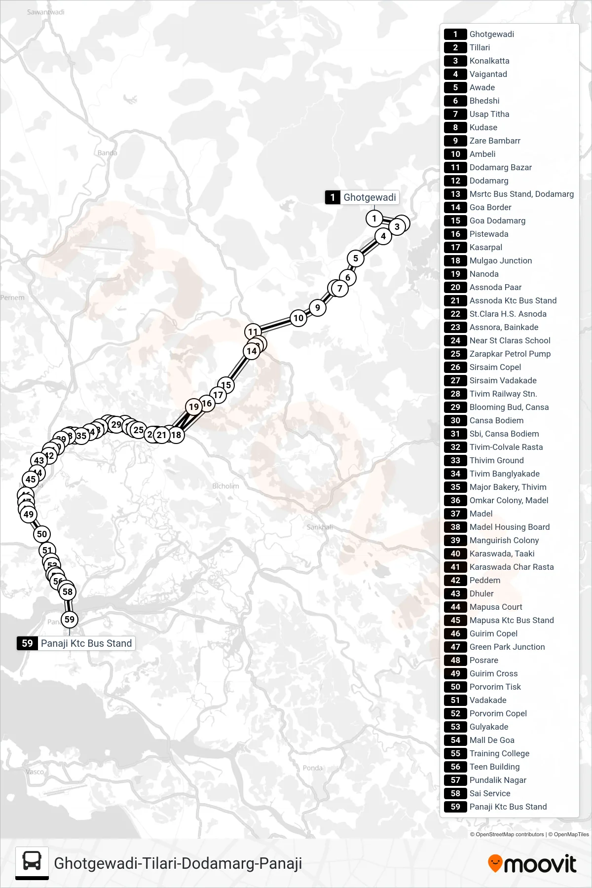 PRV152IS bus Line (Ghotgewadi-Tilari-Dodamarg-Panaji) route and stops on a map