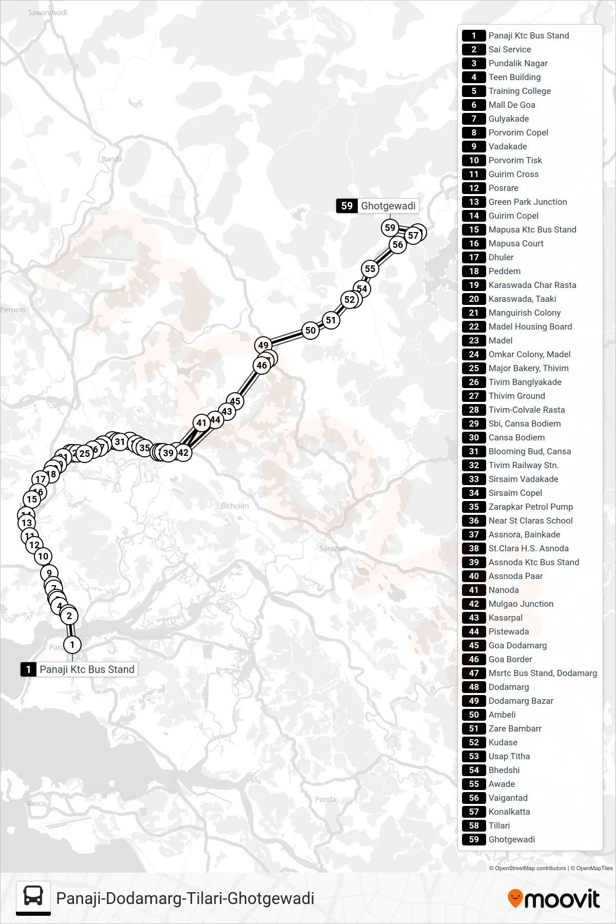 PRV152IS bus Line (Panaji-Dodamarg-Tilari-Ghotgewadi) route and stops on a map