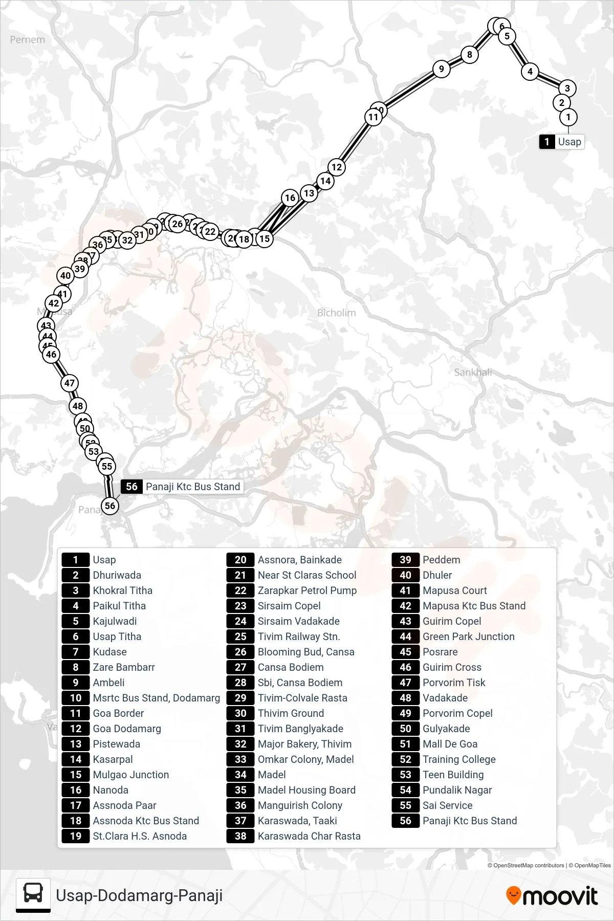 PRV153IS bus Line (Usap-Dodamarg-Panaji) route and stops on a map
