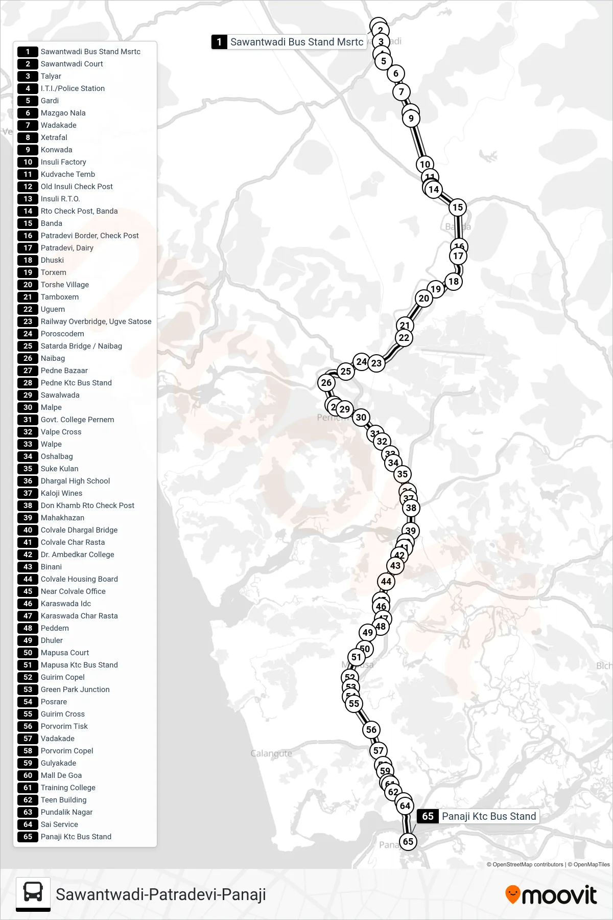 MRG172EIS bus Line (Sawantwadi-Patradevi-Panaji) route and stops on a map