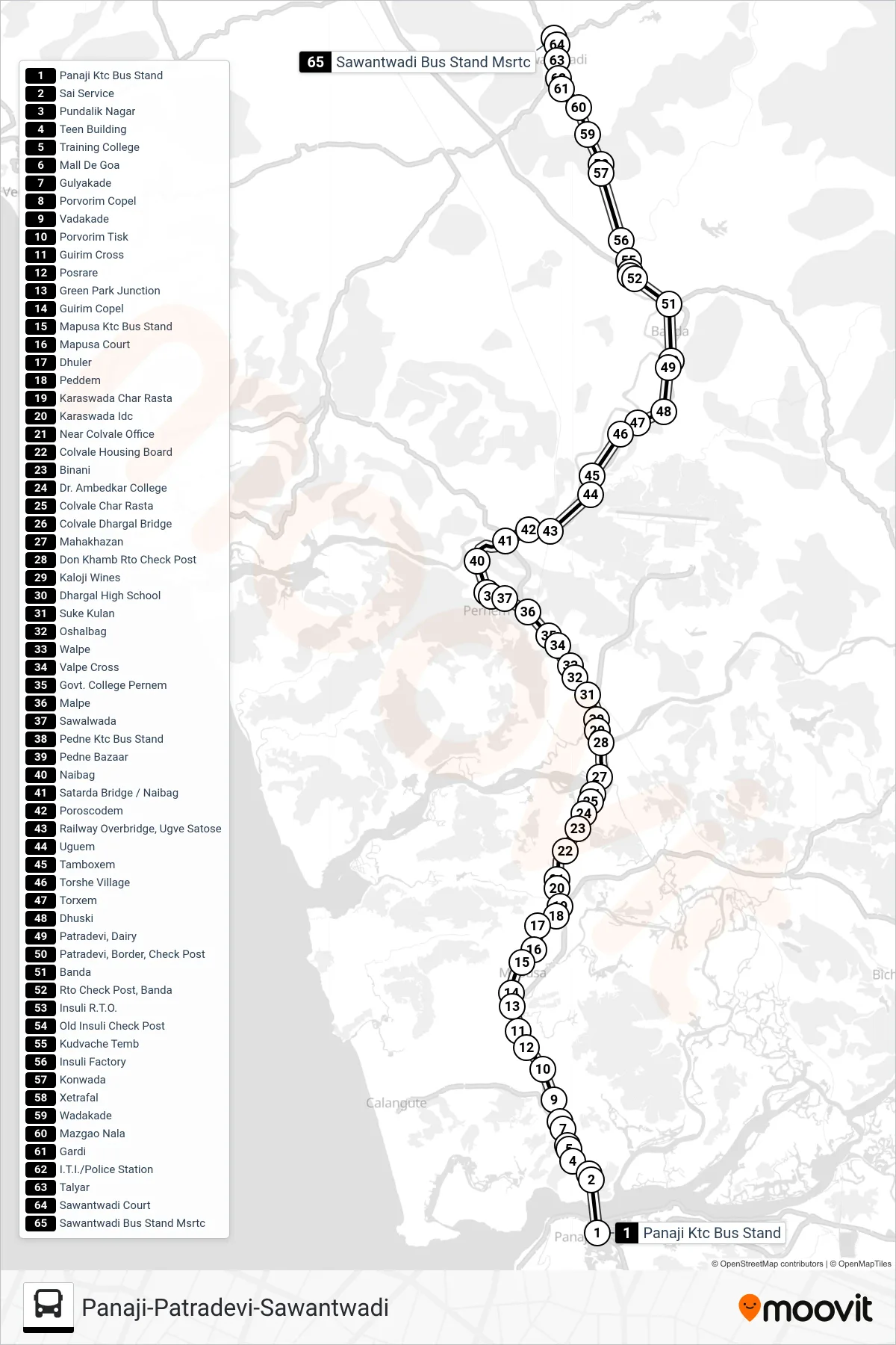 MRG172EIS bus Line (Panaji-Patradevi-Sawantwadi) route and stops on a map