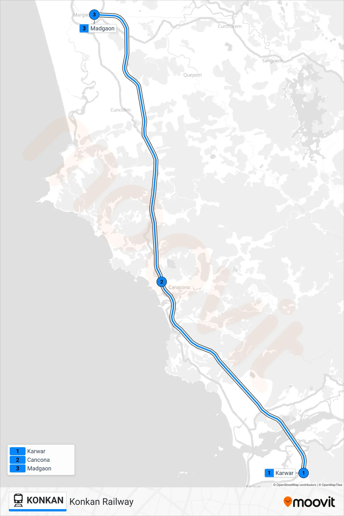 KONKAN train Line (01595 - Kawr Mao Spl) route and stops on a map