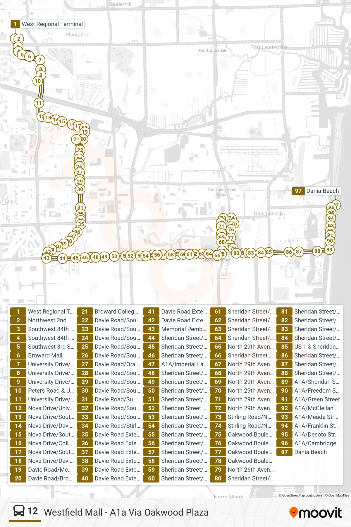 12 bus Line (Dania Beach Via Bc Central & Tri-Rail) route and stops on a map