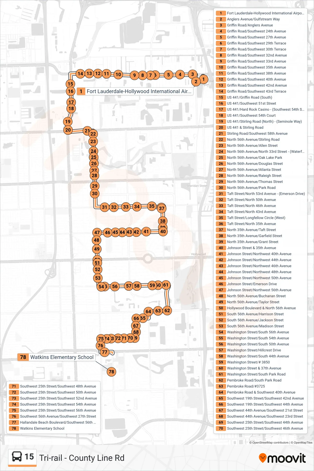 15 bus Line (Hallandale) route and stops on a map