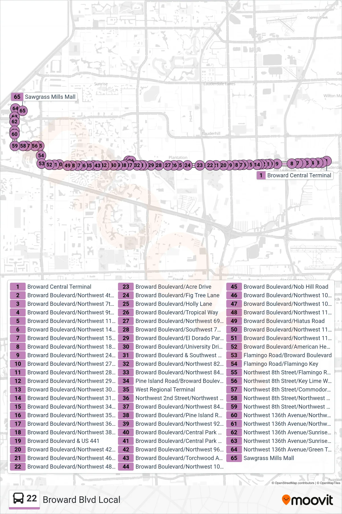22 bus Line (Sawgrass Mills) route and stops on a map