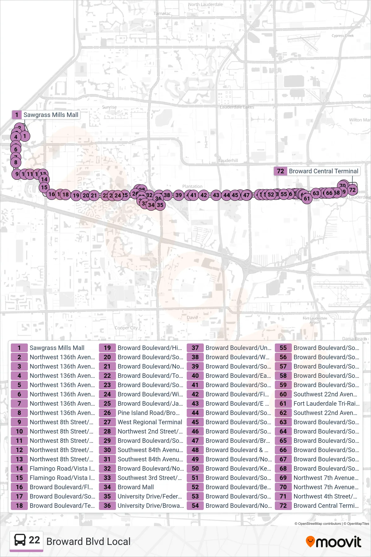 22 bus Line (Central Terminal Via Westfield Mall & Tri-Rail) route and stops on a map